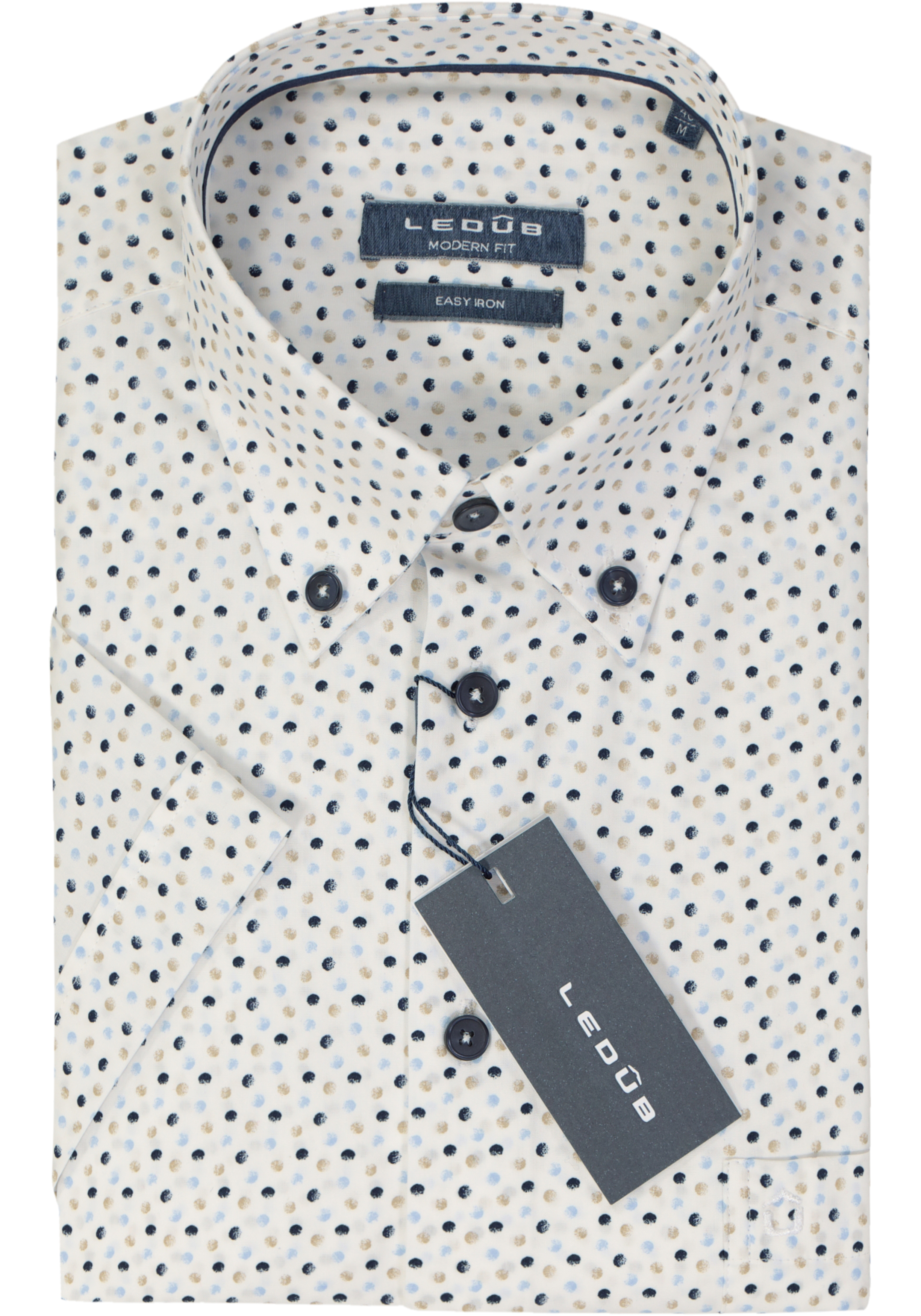 Ledub modern fit overhemd, korte mouw, wit met donkerblauw en beige dessin