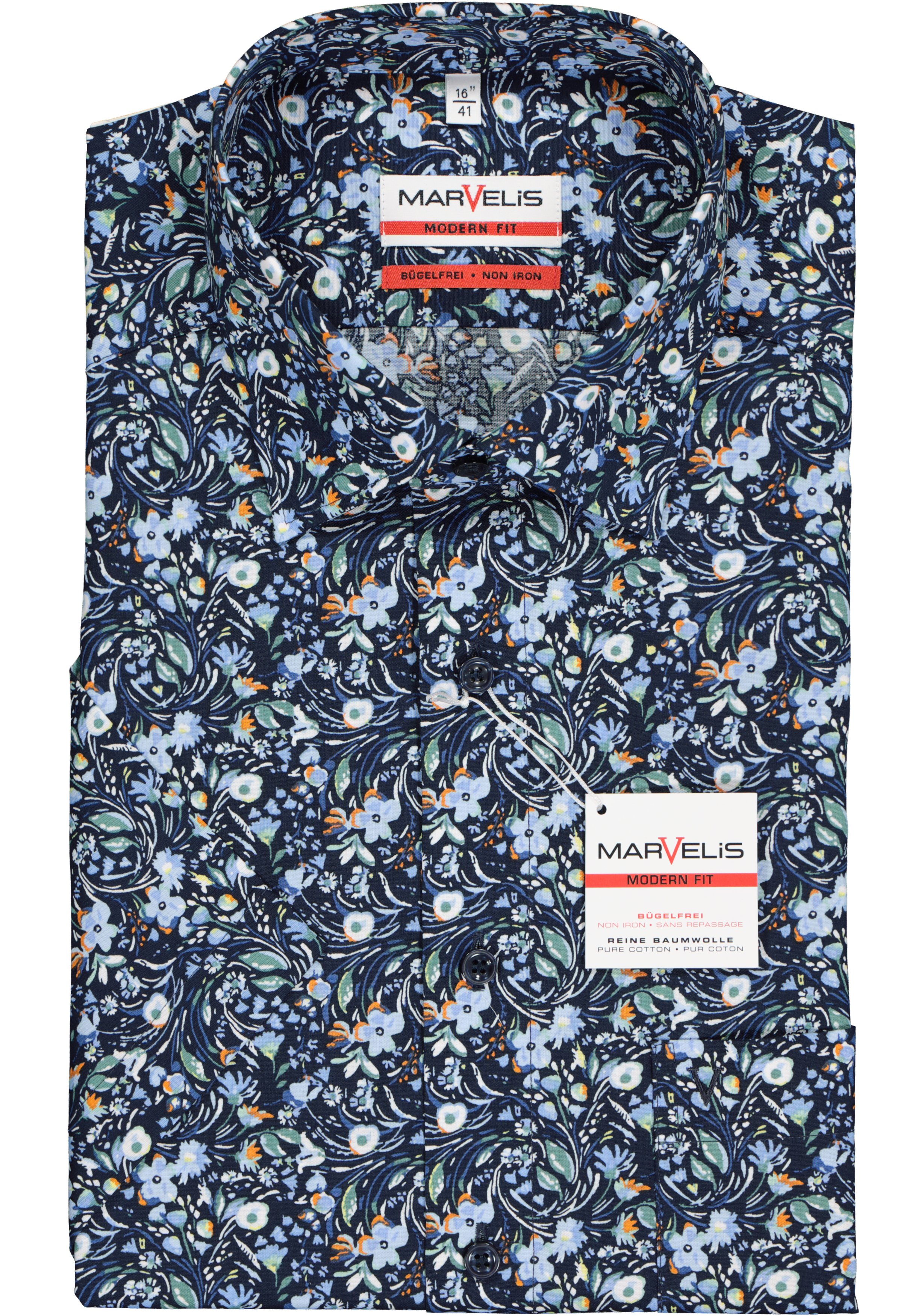 MARVELIS modern fit overhemd, korte mouw, popeline, blauw met gekleurde bloemen dessin