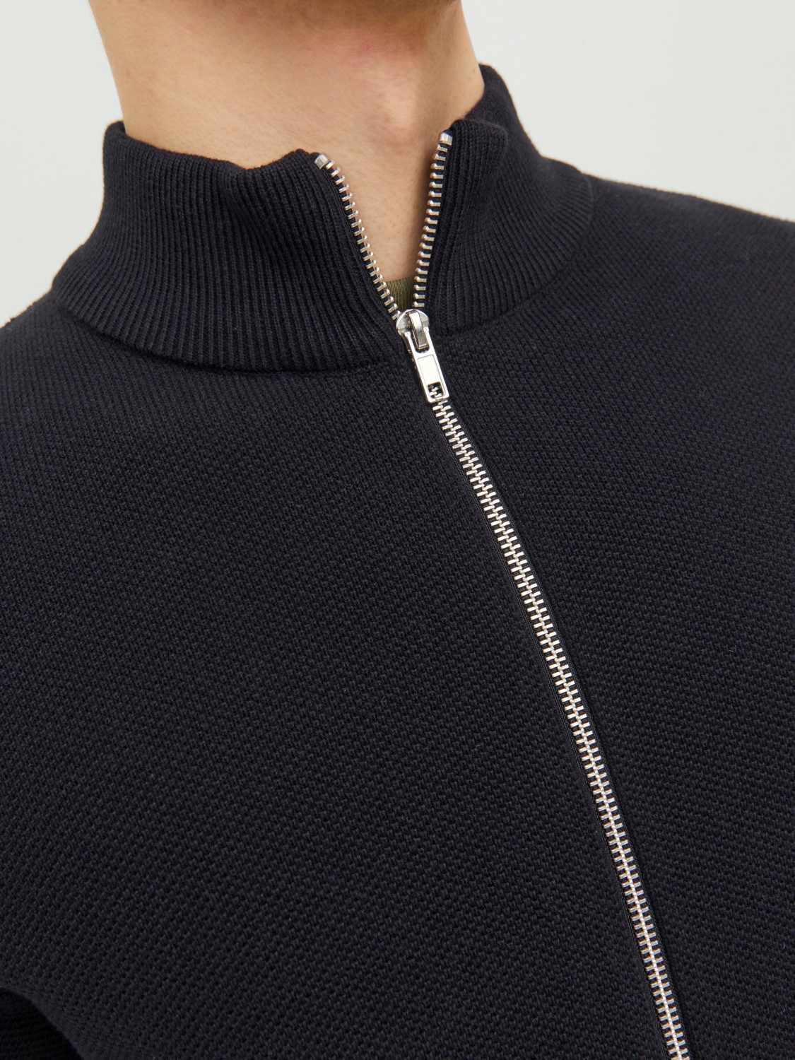 JACK & JONES Hill knit turtle zip cardigan slim fit, heren vest katoen met turtleneck, zwart