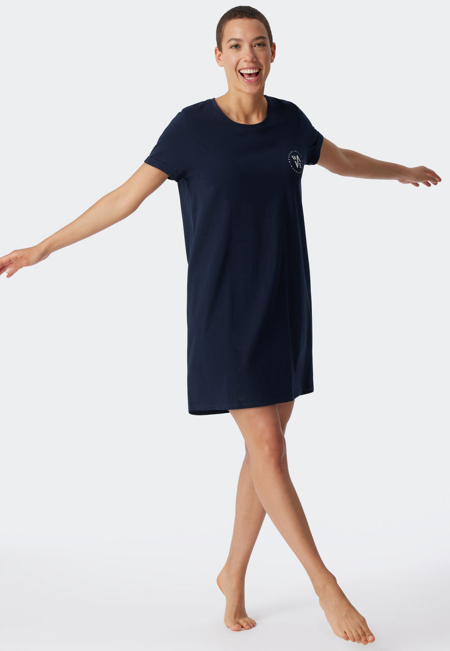 SCHIESSER Essential Nightwear T-shirt, dames slaapshirt korte mouwen print donkerblauw