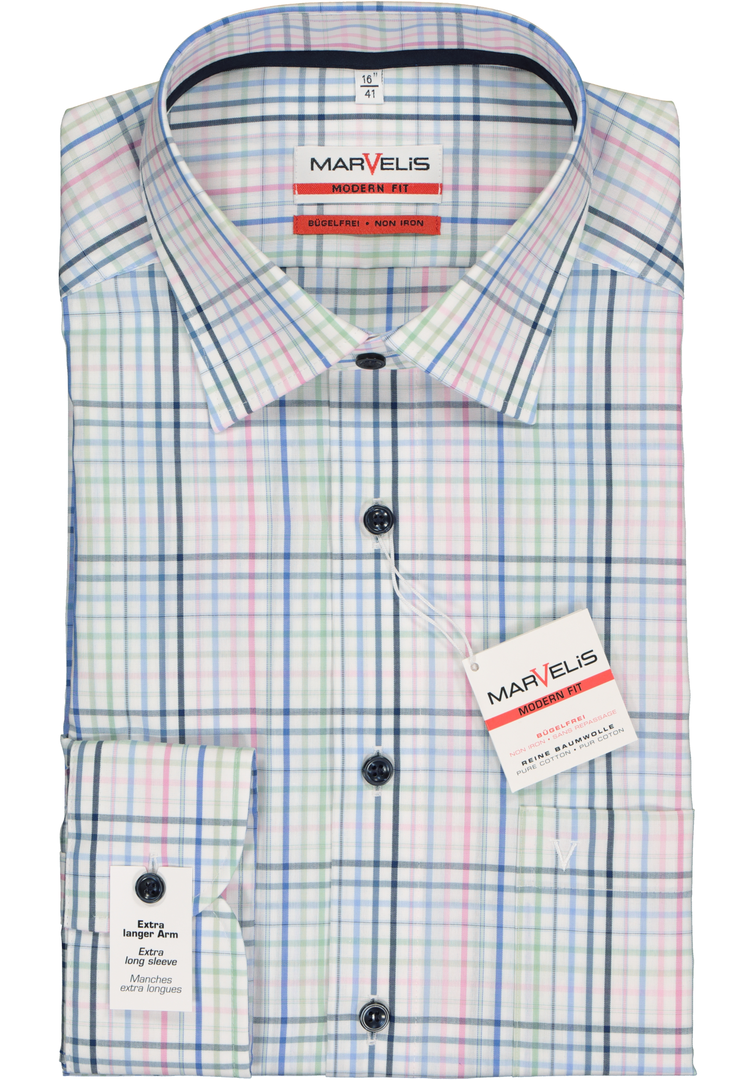 MARVELIS modern fit overhemd, mouwlengte 7, wit, roze, blauw en groen geruit (contrast)