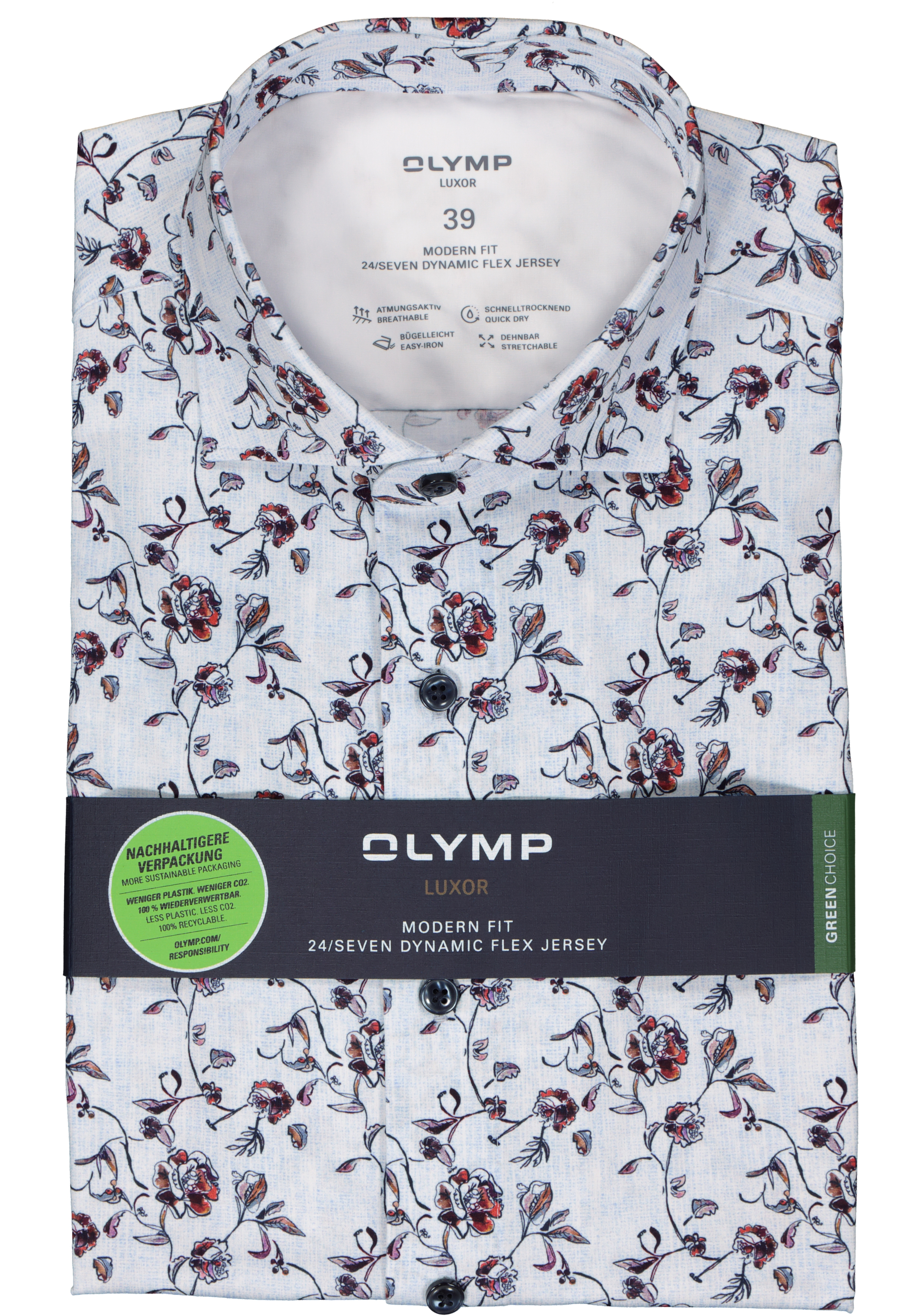 OLYMP 24/7 modern fit overhemd, tricot, lichtblauw met bloemen dessin