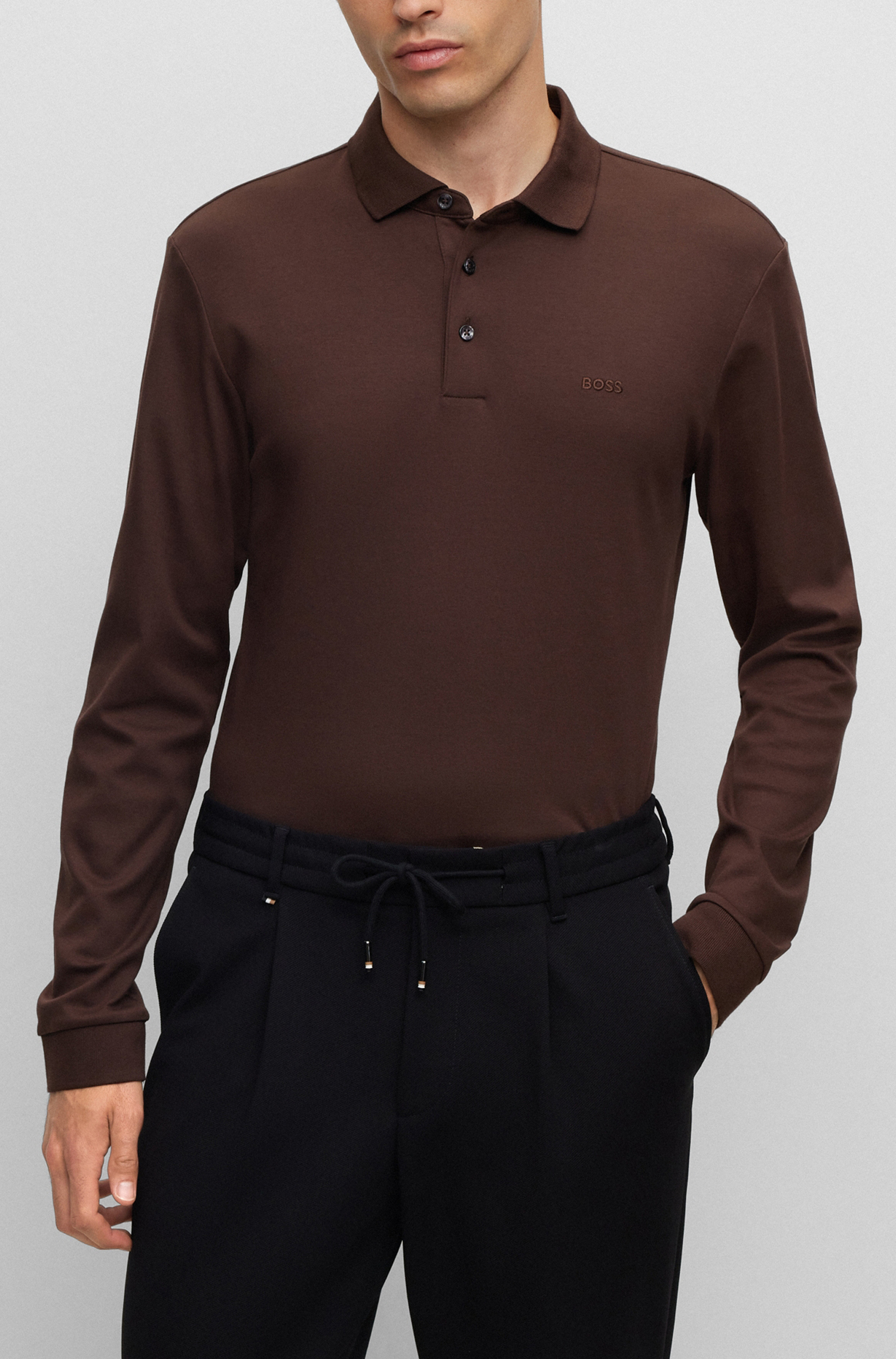 BOSS Pado regular fit polo lange mouw, jersey, donkerbruin