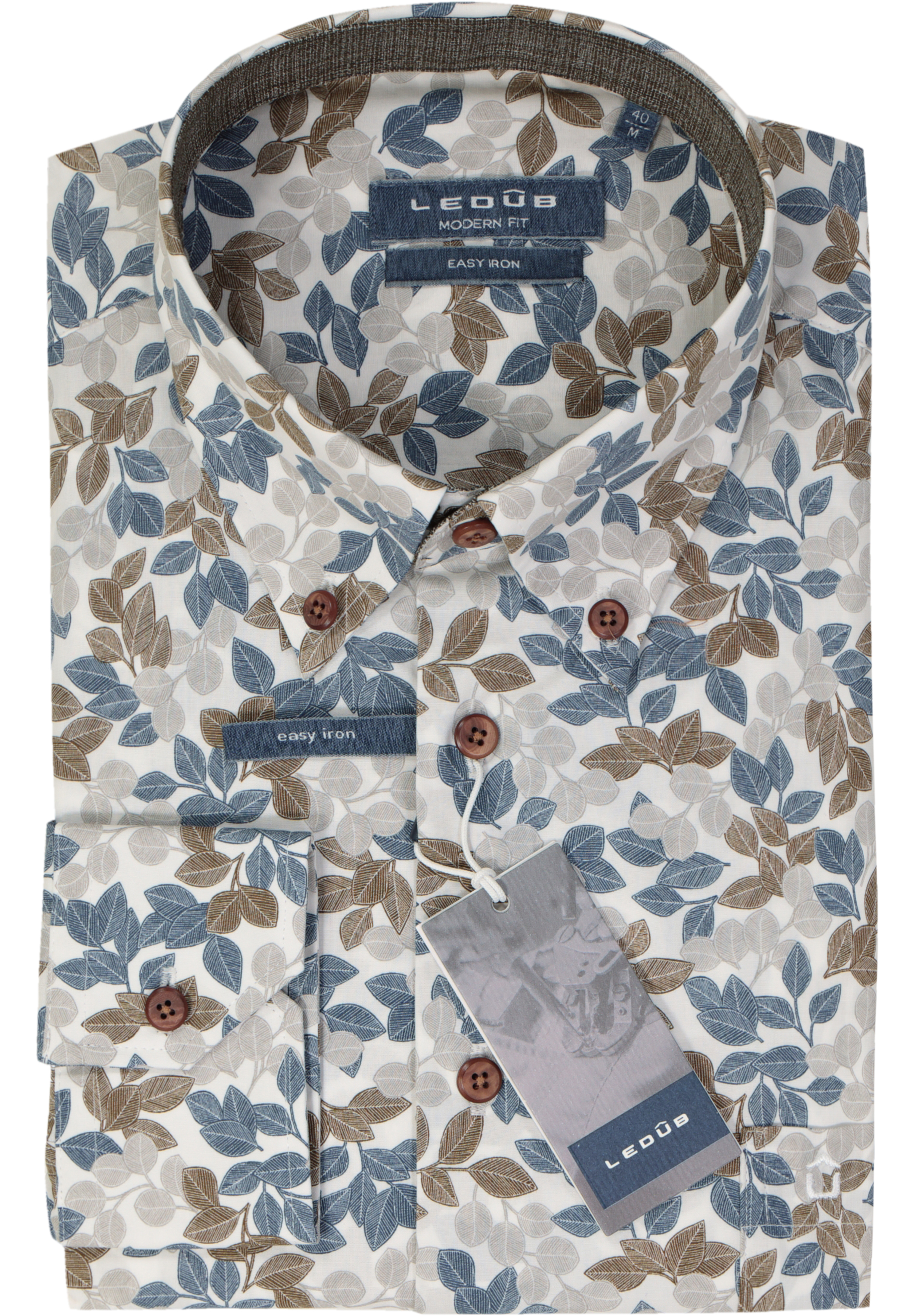 Ledub modern fit overhemd, wit met blauw en bruin dessin