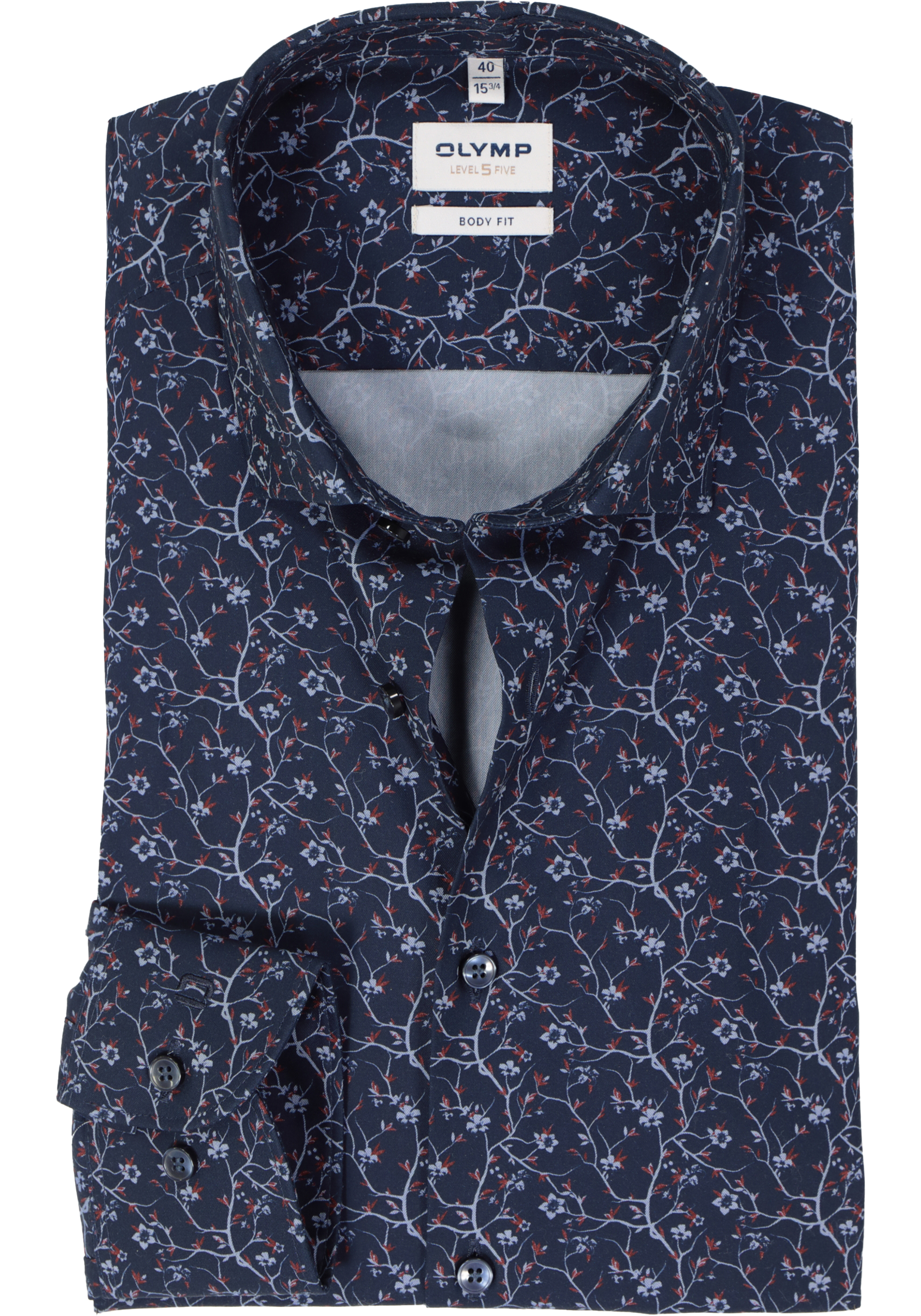 OLYMP Level 5 body fit overhemd, popeline, marine blauw dessin