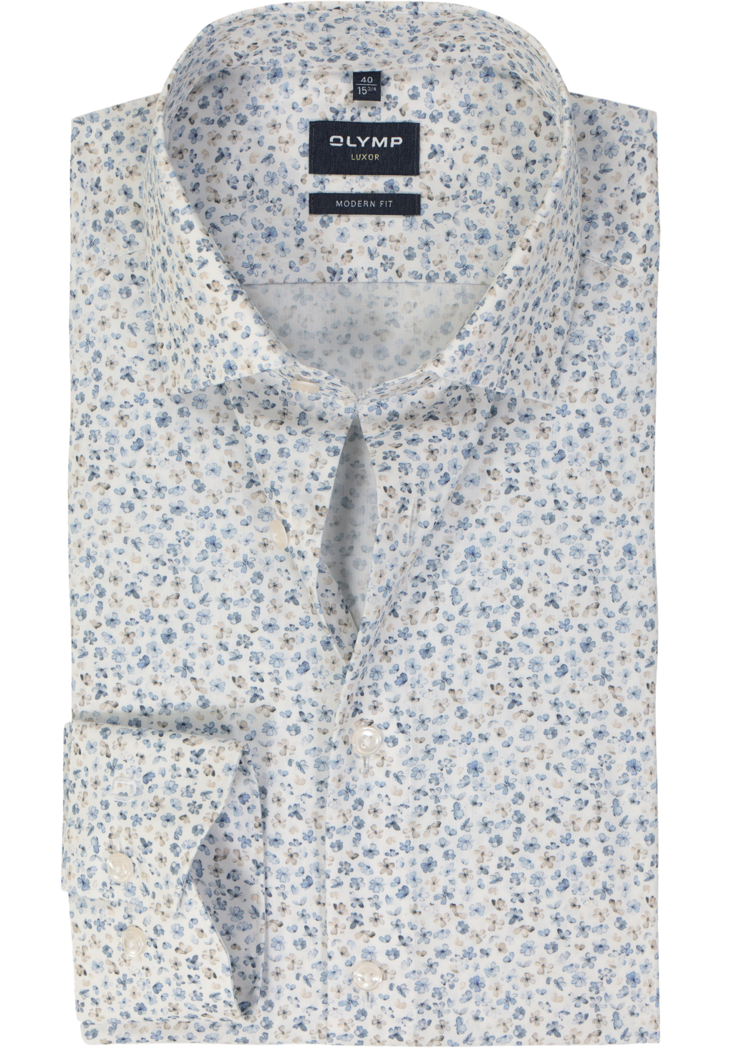 OLYMP modern fit overhemd, popeline, wit met lichtblauw bloemetjes dessin