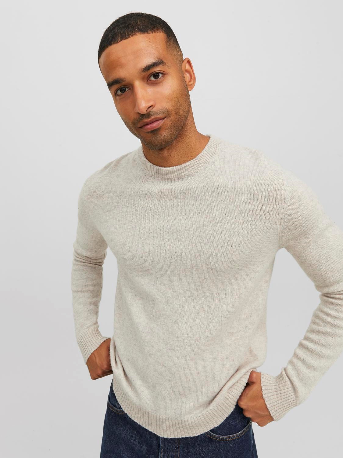 JACK & JONES Lambswool knit crew neck slim fit, heren pullover wol met O-hals, zandkleur melange