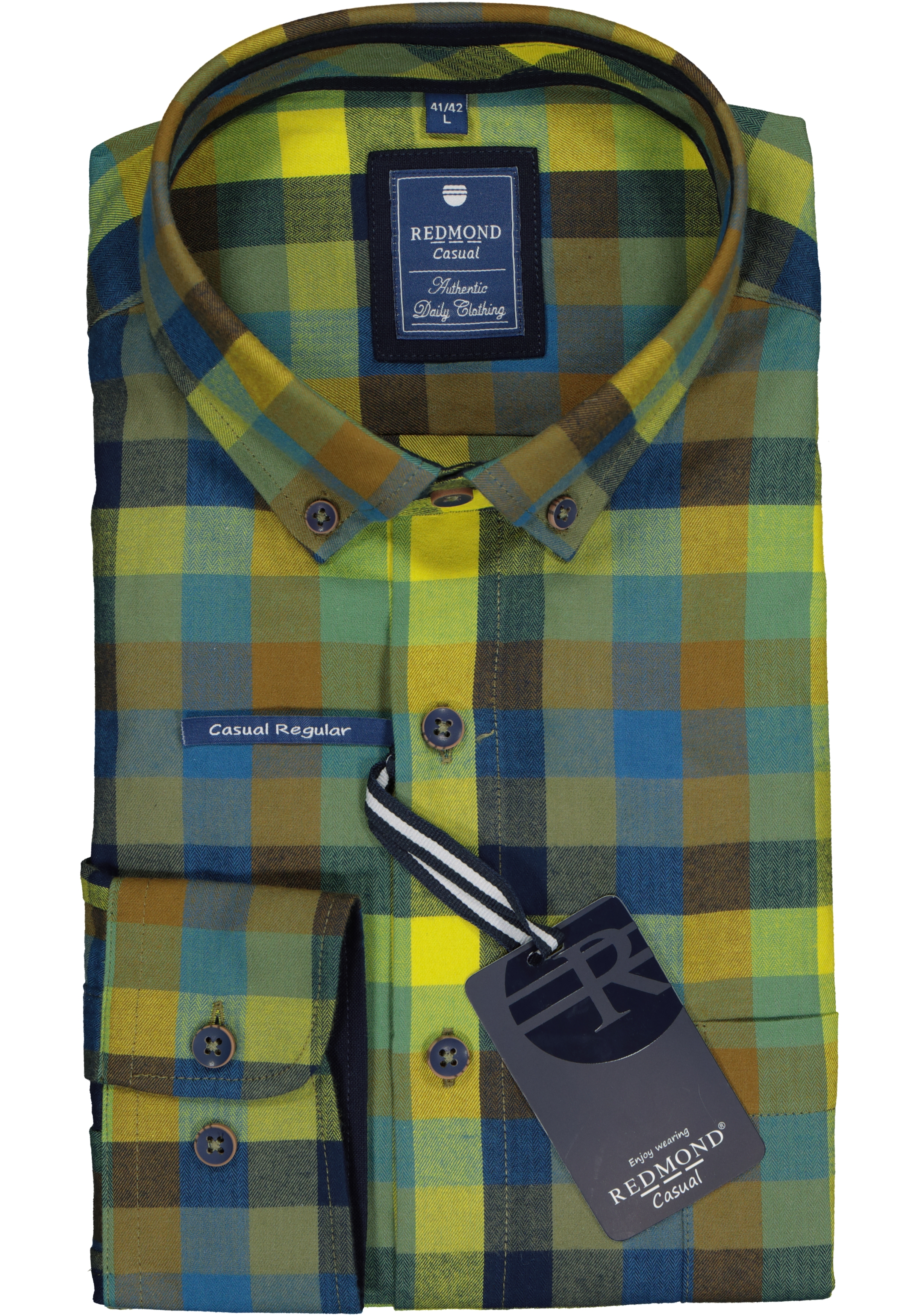 Redmond regular fit overhemd, visgraad, blauw met groen en geel geruit (contrast)