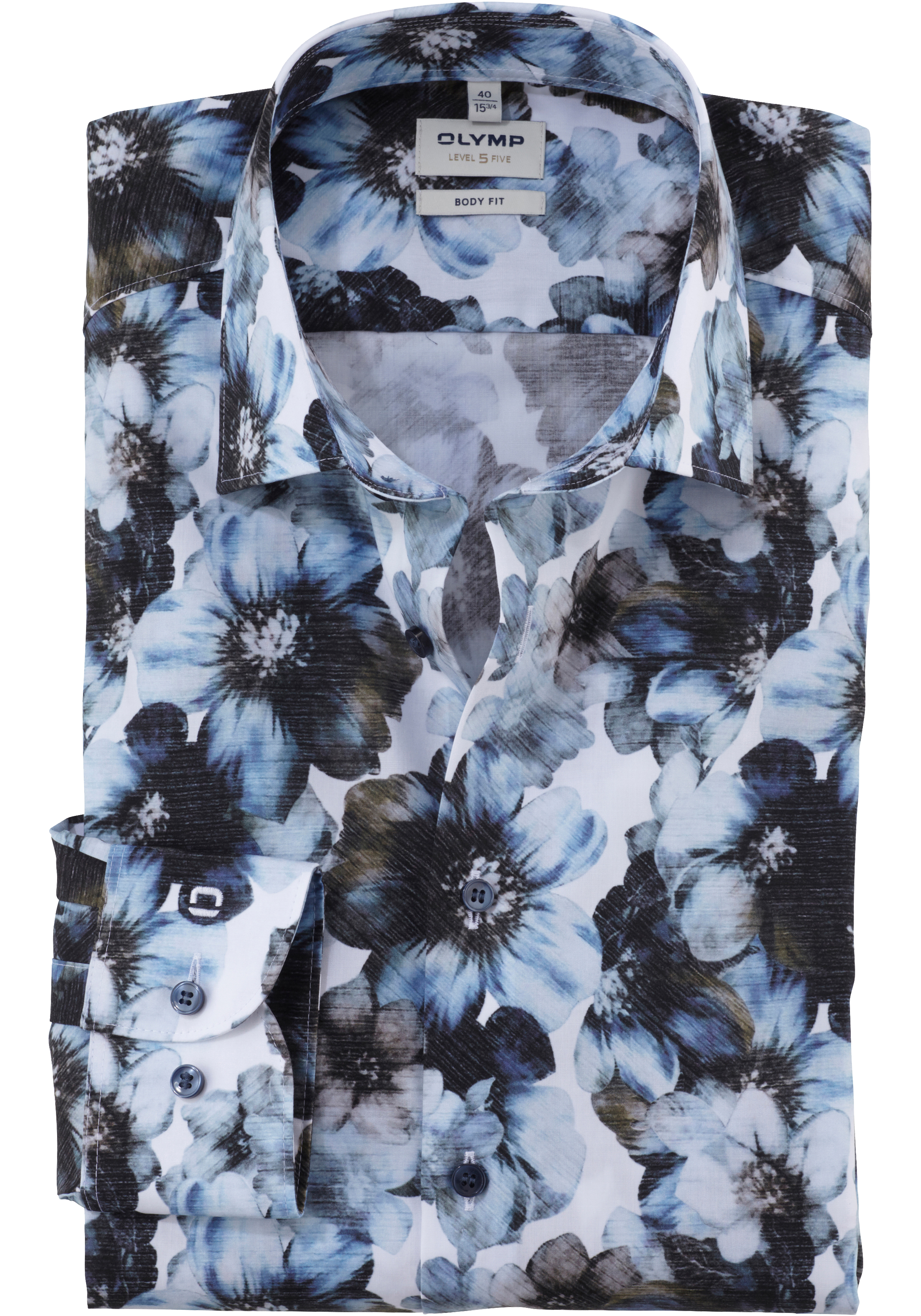 OLYMP Level 5 body fit overhemd, popeline, blauw bloemen dessin
