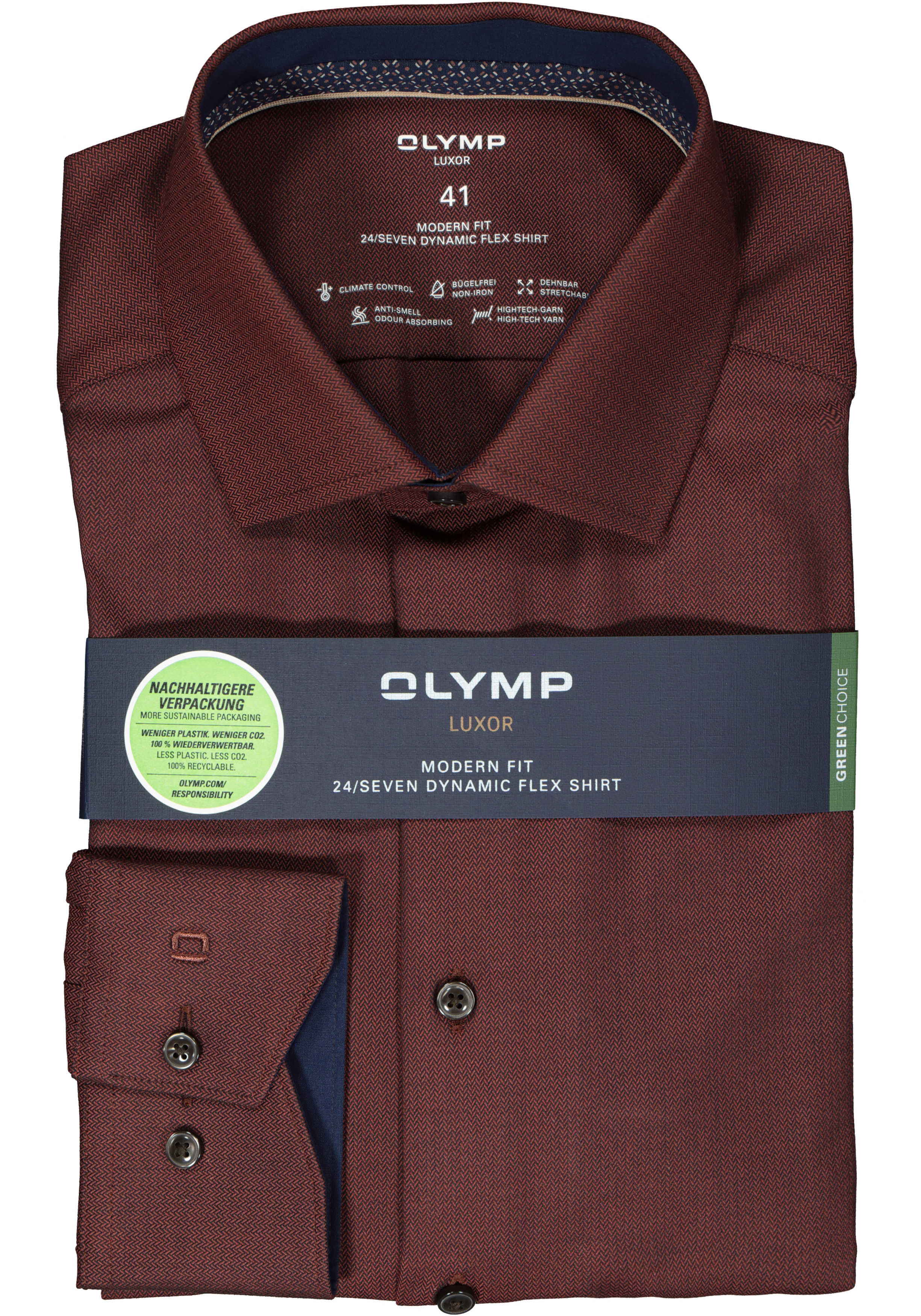 OLYMP 24/7 modern fit overhemd, herringbone, roodbruin (contrast)