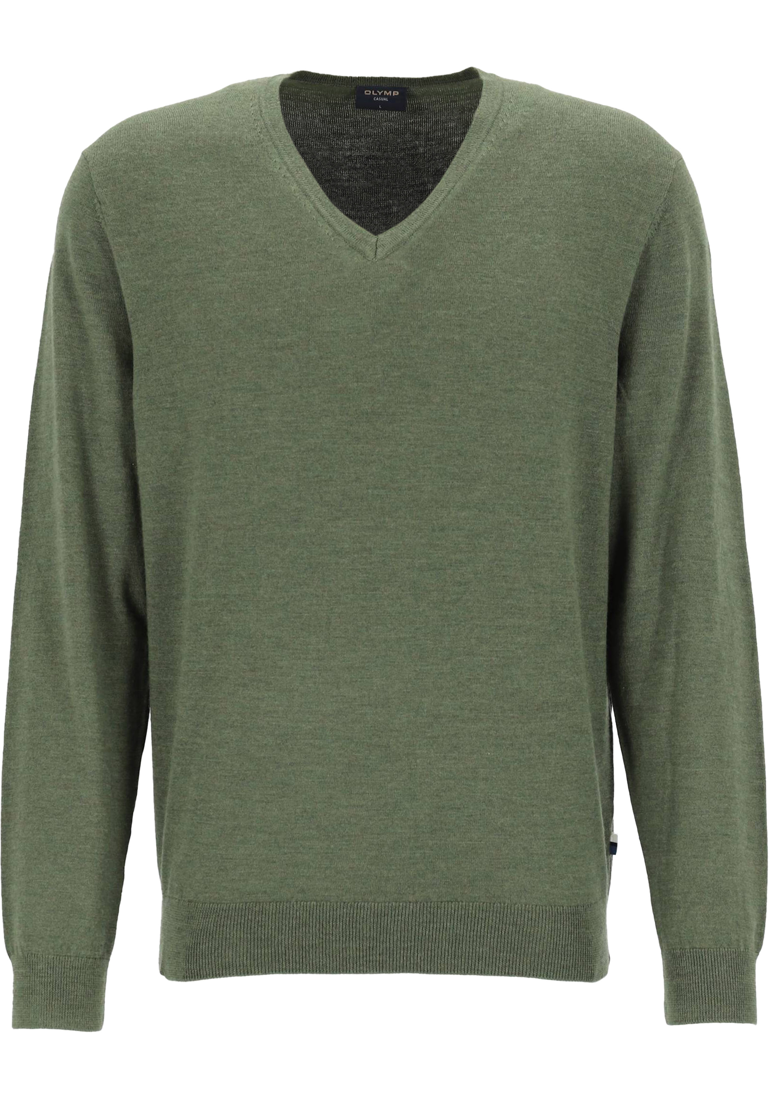 OLYMP modern fit trui wol, V-hals, olijfgroen