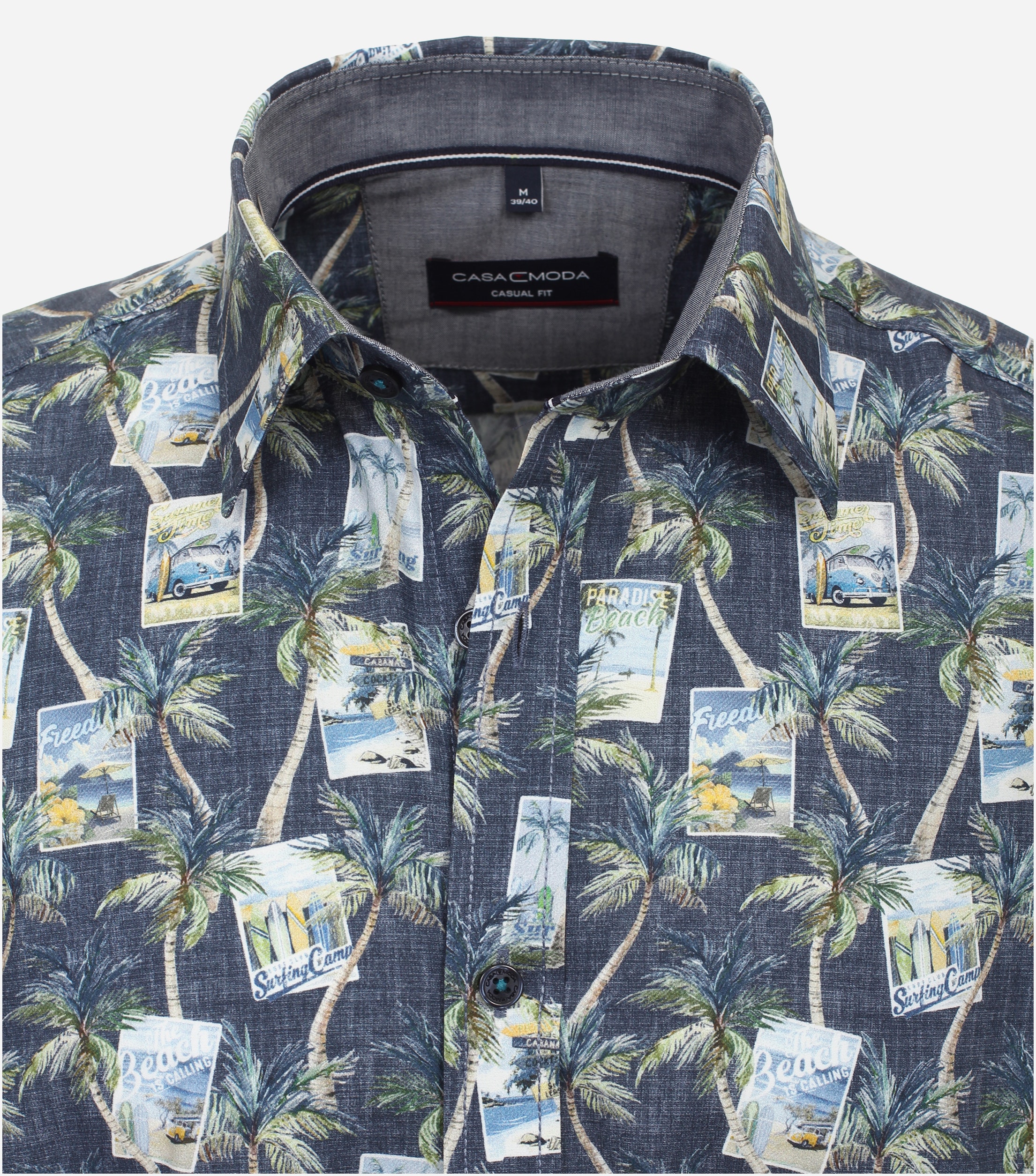 CASA MODA Sport casual fit overhemd, korte mouw, popeline, groen dessin