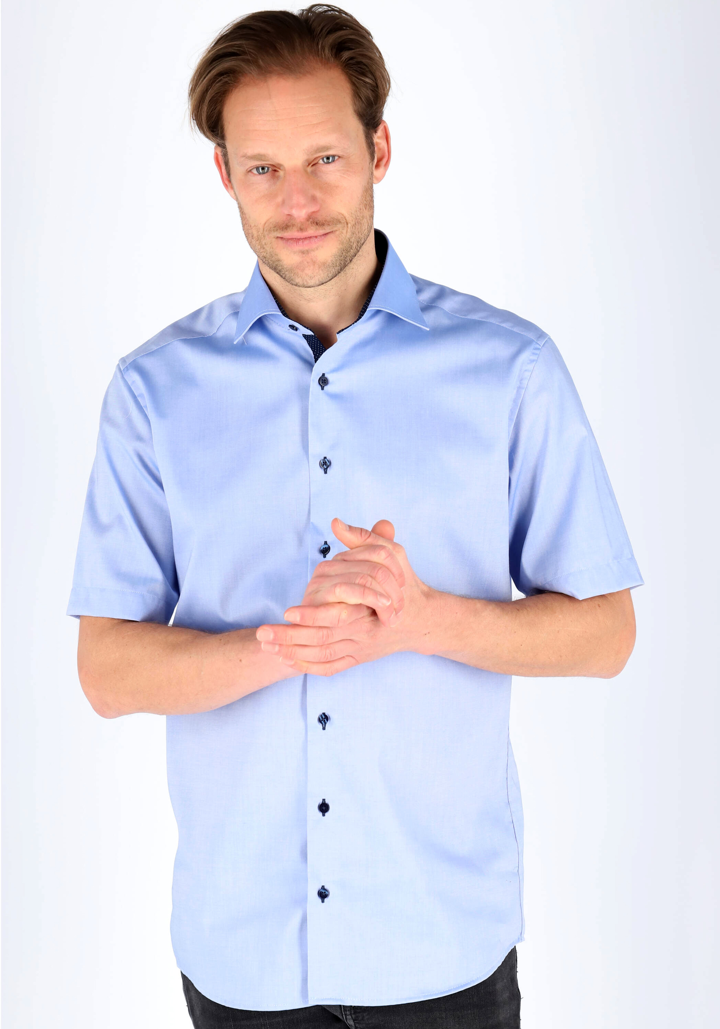 ETERNA modern fit overhemd, korte mouw, heren overhemd fijn Oxford, blauw (gestipt contrast)