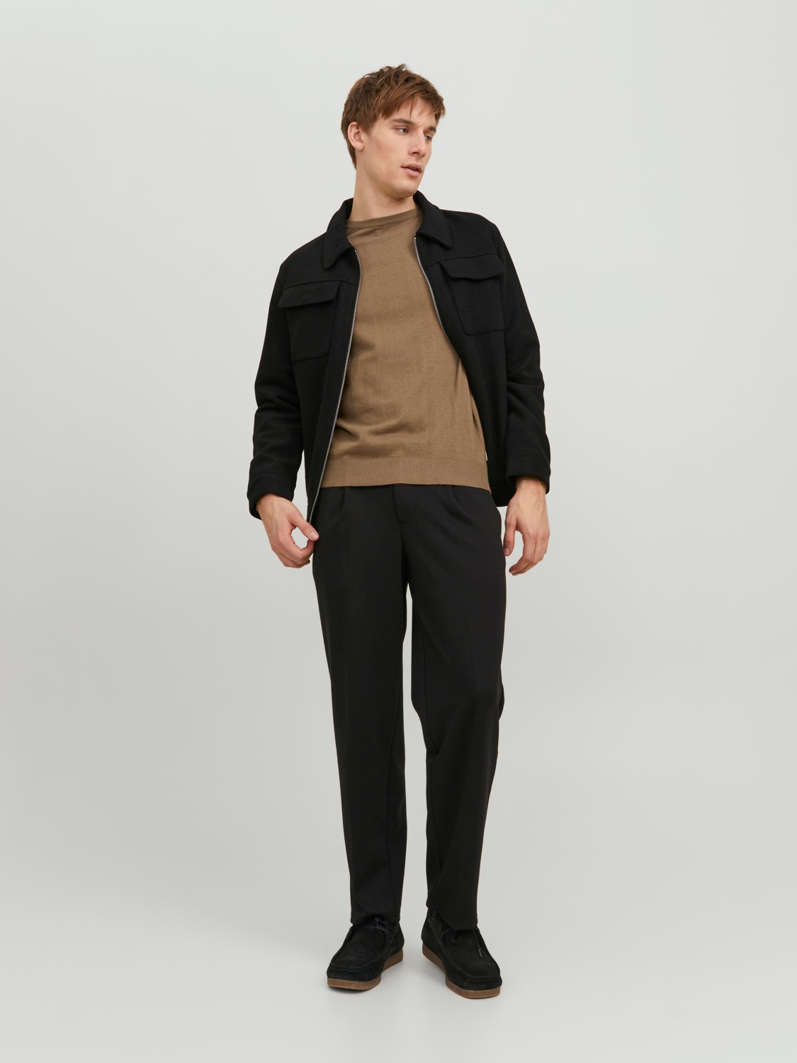 JACK & JONES Emil knit crew neck slim fit, heren pullover viscosemengsel met O-hals, camel bruin