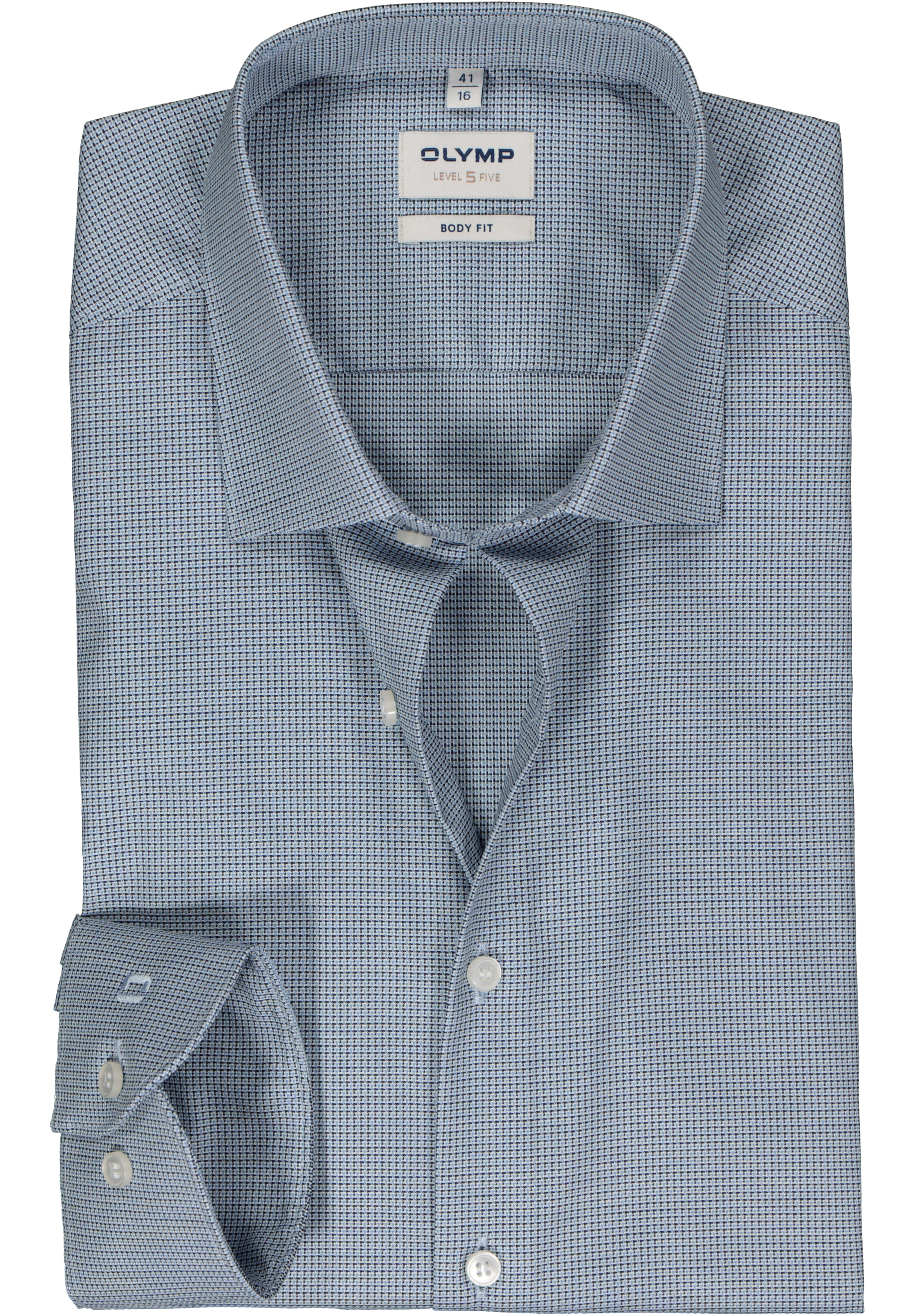 OLYMP Level 5 body fit overhemd, structuur, donkerblauw met wit en lichtblauw mini dessin