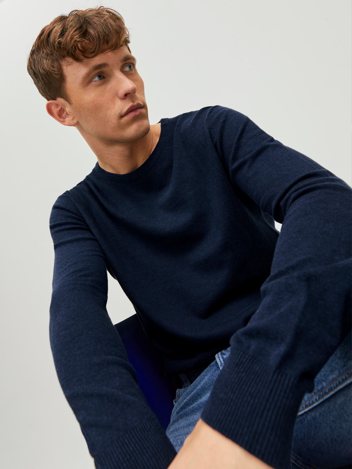 JACK & JONES Emil knit crew neck slim fit, heren pullover viscosemengsel met O-hals, blauw