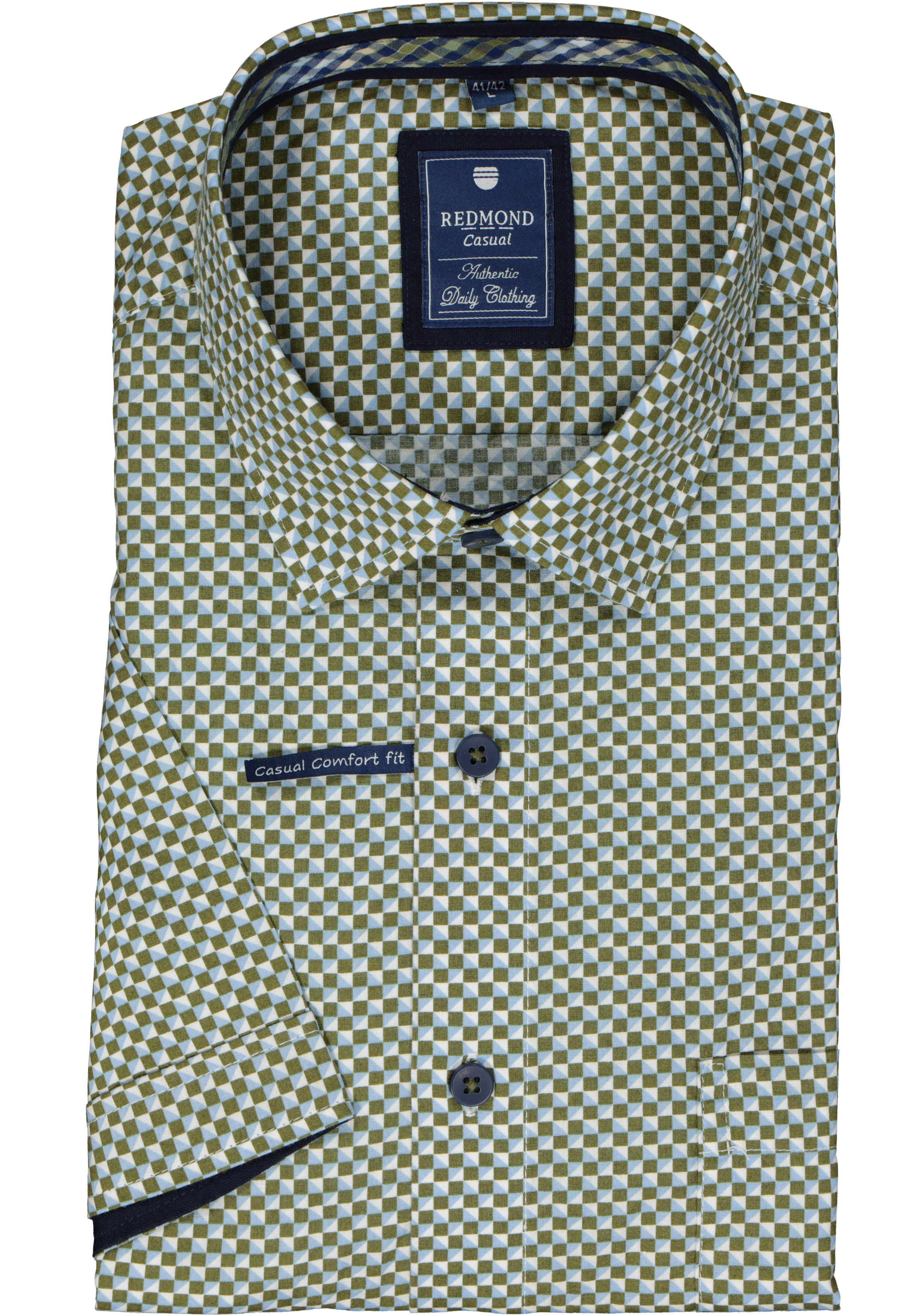 Redmond regular fit overhemd, korte mouw, popeline, groen dessin