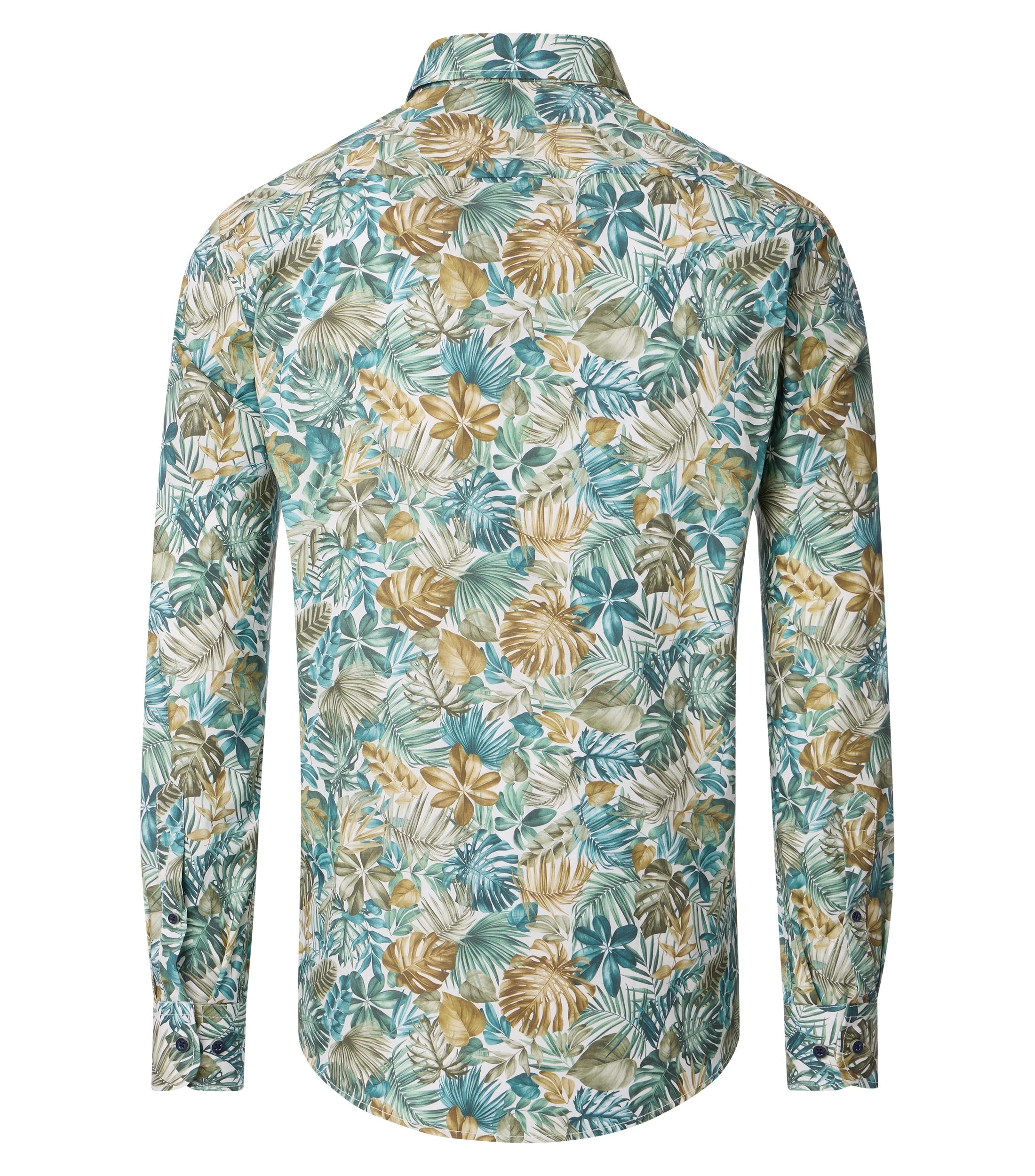 CASA MODA Sport casual fit overhemd, popeline, wit met groen en aqua bladeren dessin