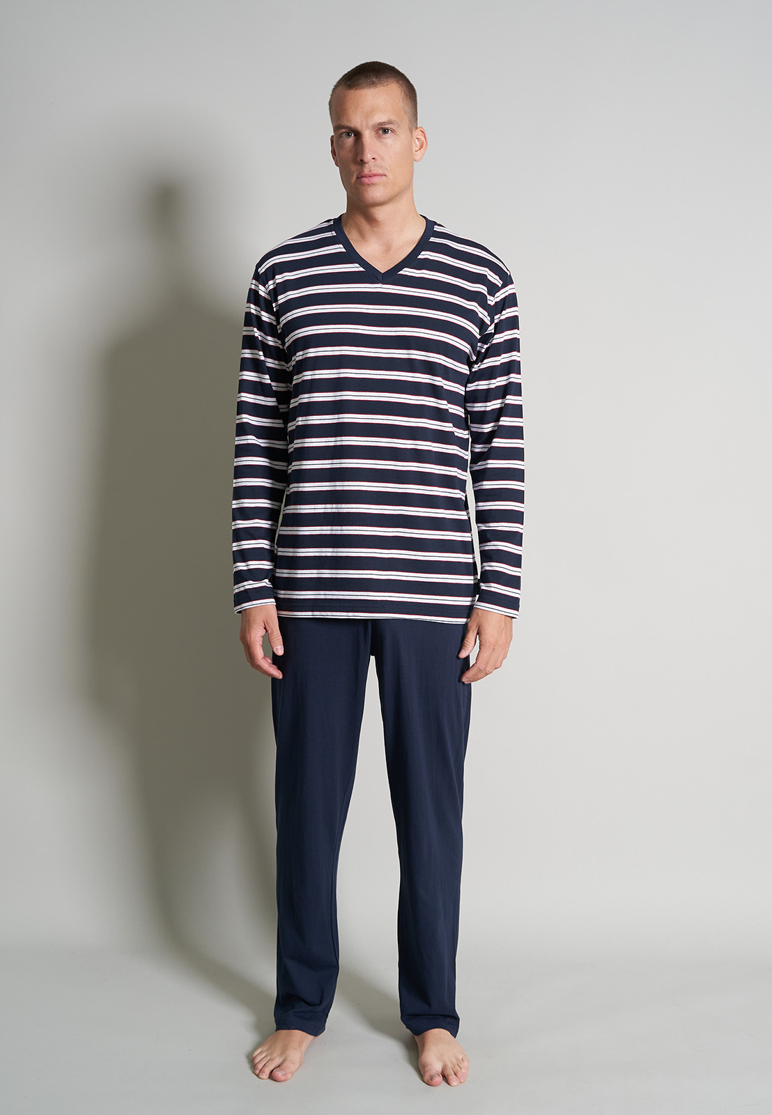 Ceceba heren pyjama V-hals, middenblauw gestreept