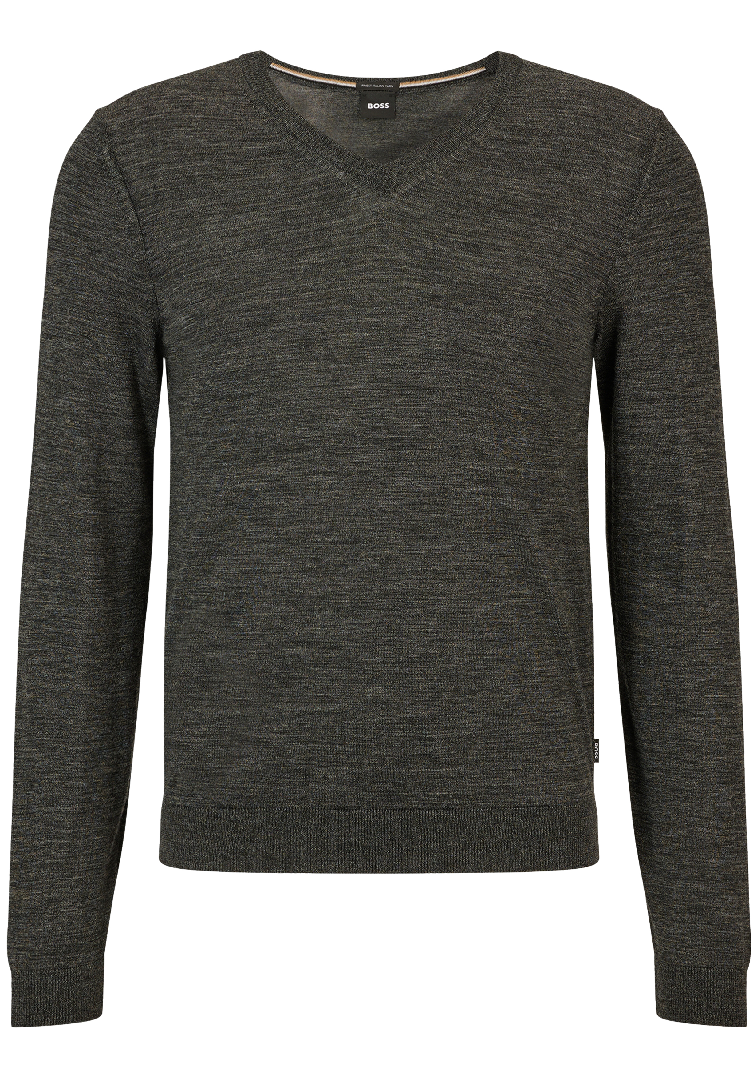 BOSS Melba slim fit trui wol, heren pullover met V-hals, zwart-wit melange