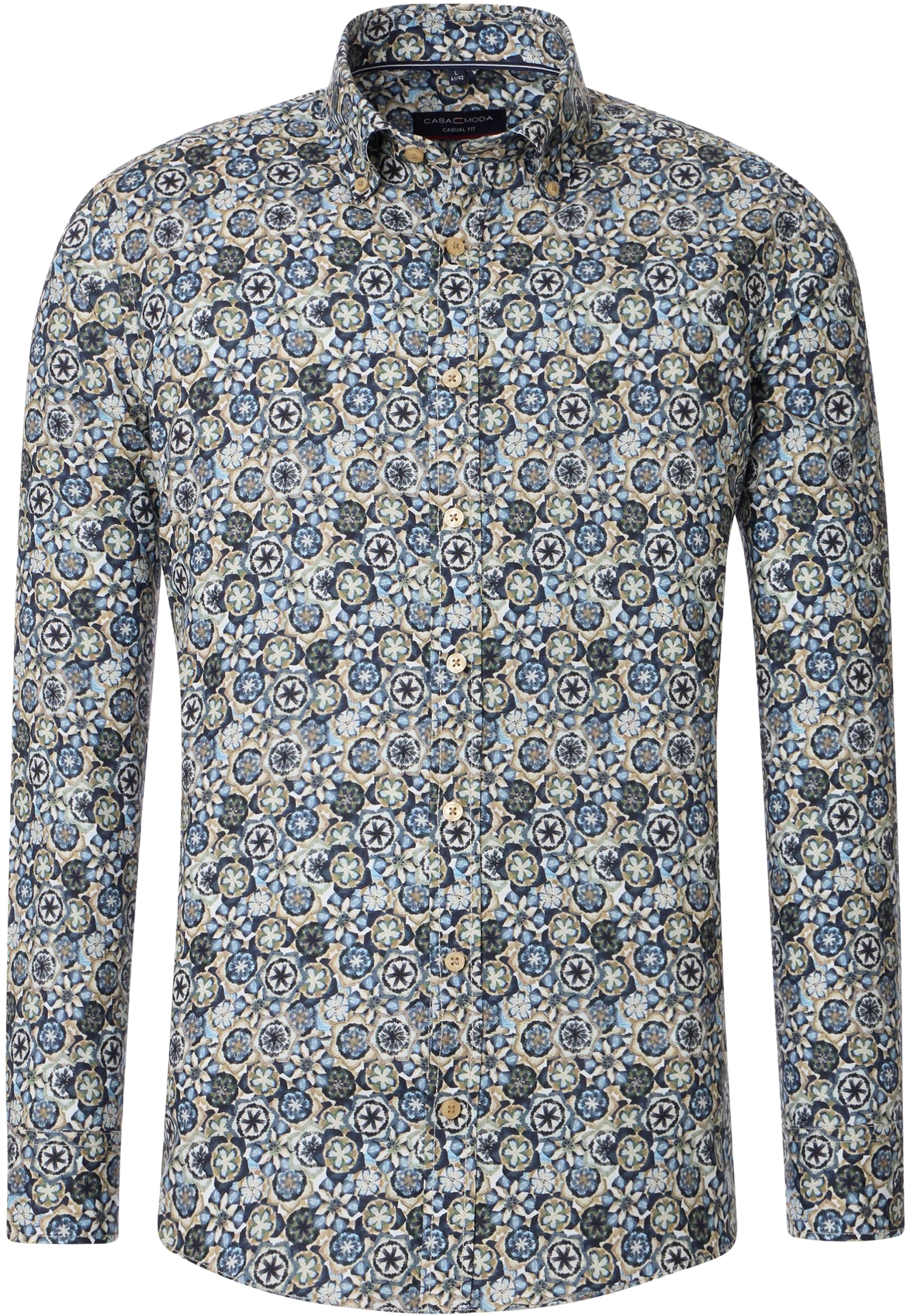 CASA MODA Sport casual fit overhemd, twill, blauw met groen, beige en wit dessin