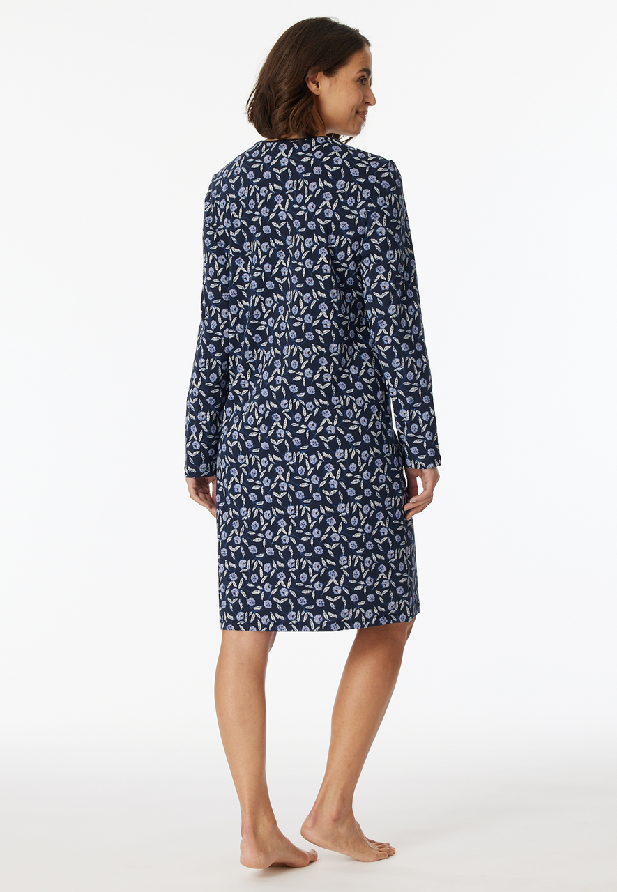 SCHIESSER Comfort Nightwear nachthemd, dames nachthemd lange mouwen biologisch katoen knoopsluiting bloemenprint nachtblauw