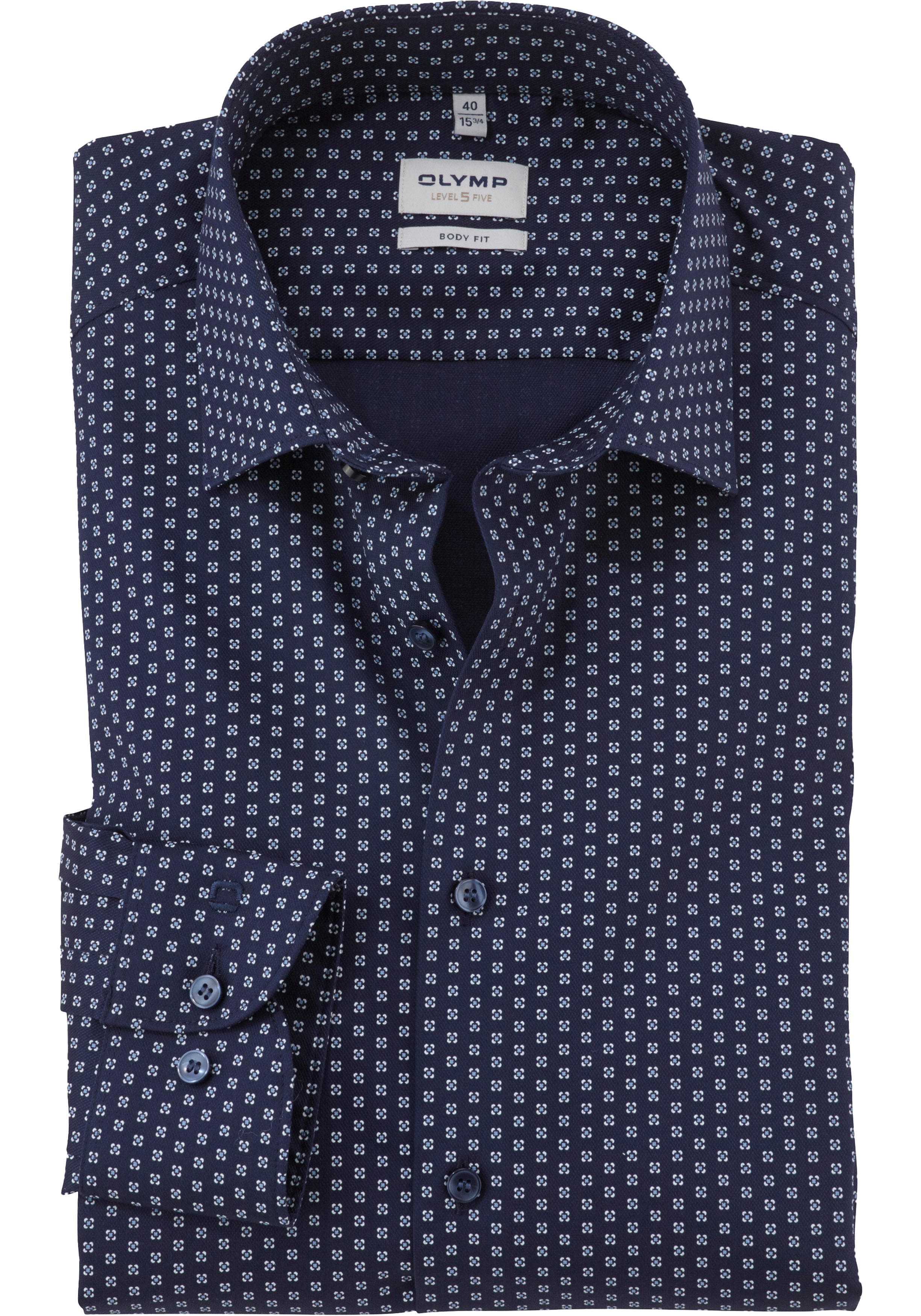 OLYMP Level 5 body fit overhemd, dobby, donkerblauw met wit en lichtblauw dessin