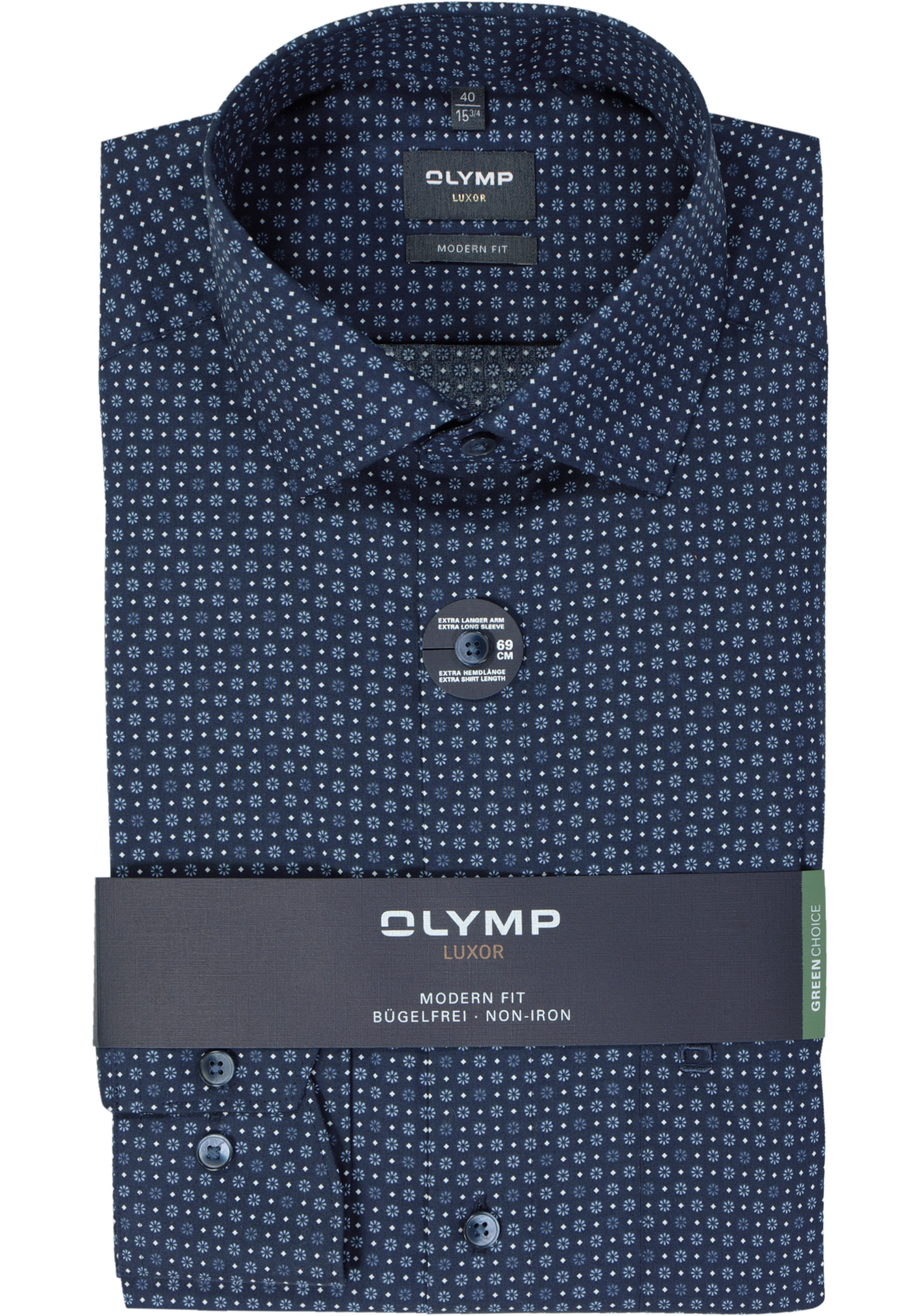 OLYMP modern fit overhemd, mouwlengte 7, popeline, marine blauw dessin