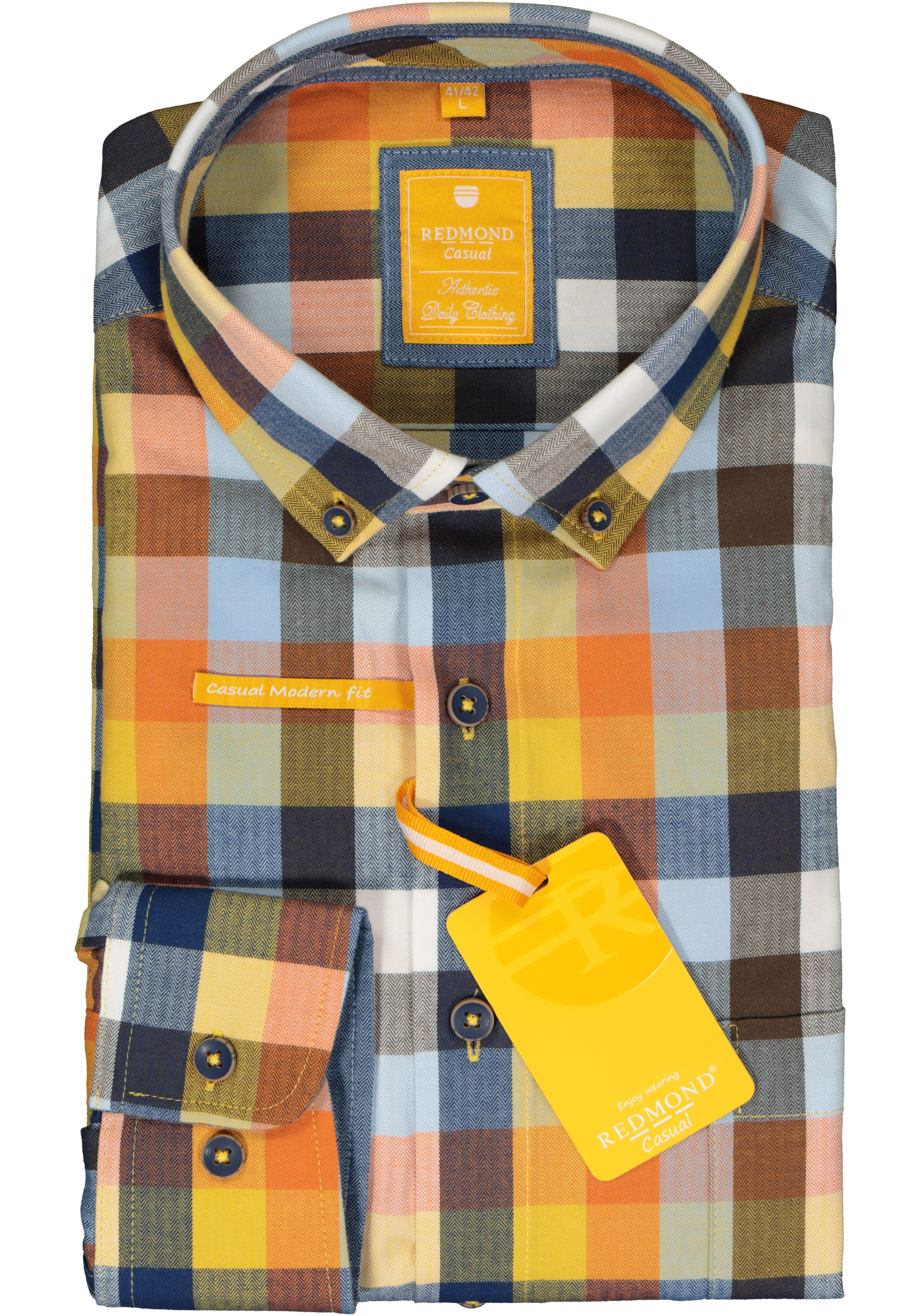 Redmond modern fit overhemd, herringbone, blauw, oranje en geel geruit