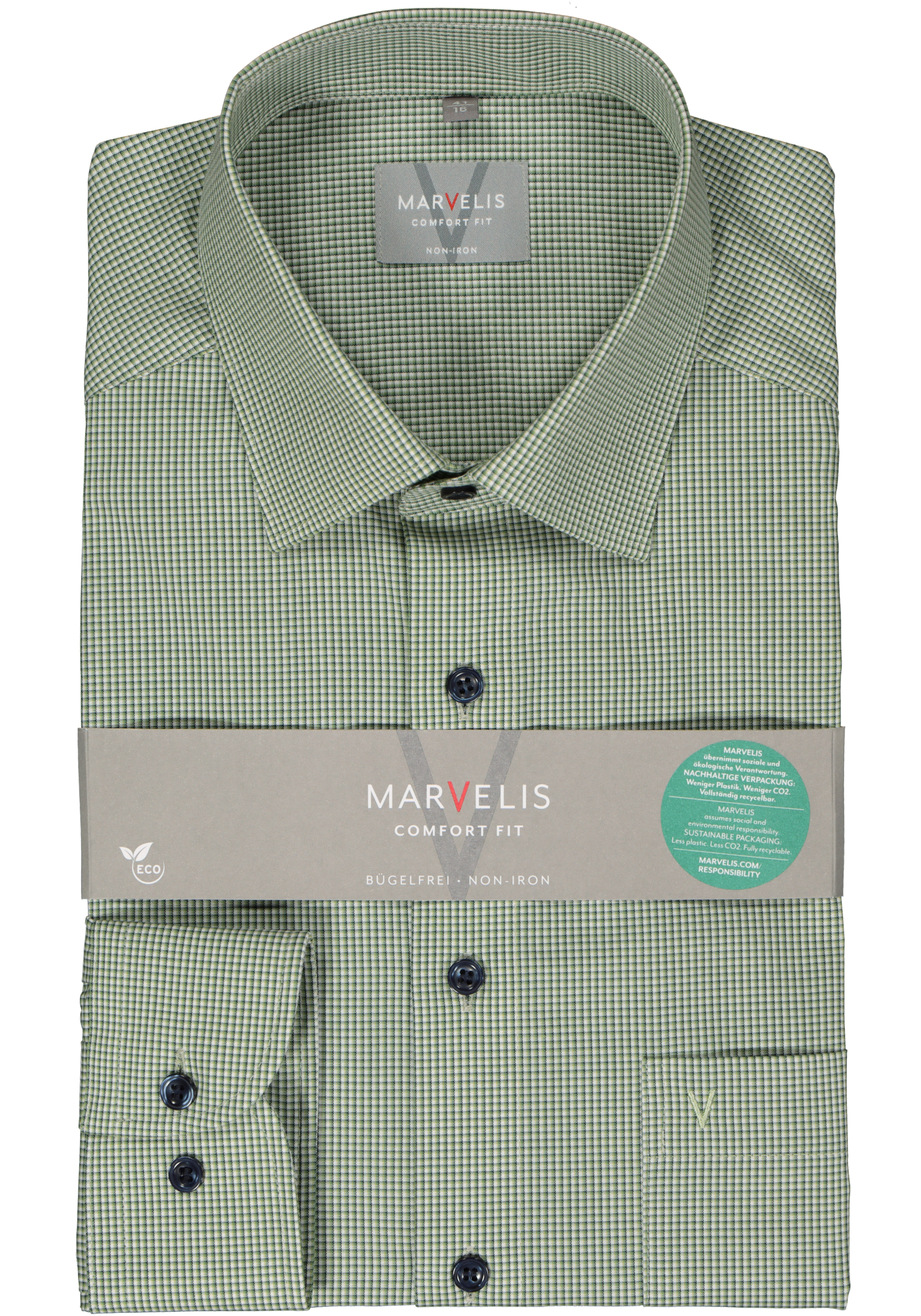 MARVELIS comfort fit overhemd, popeline, groen heel fijn geruit