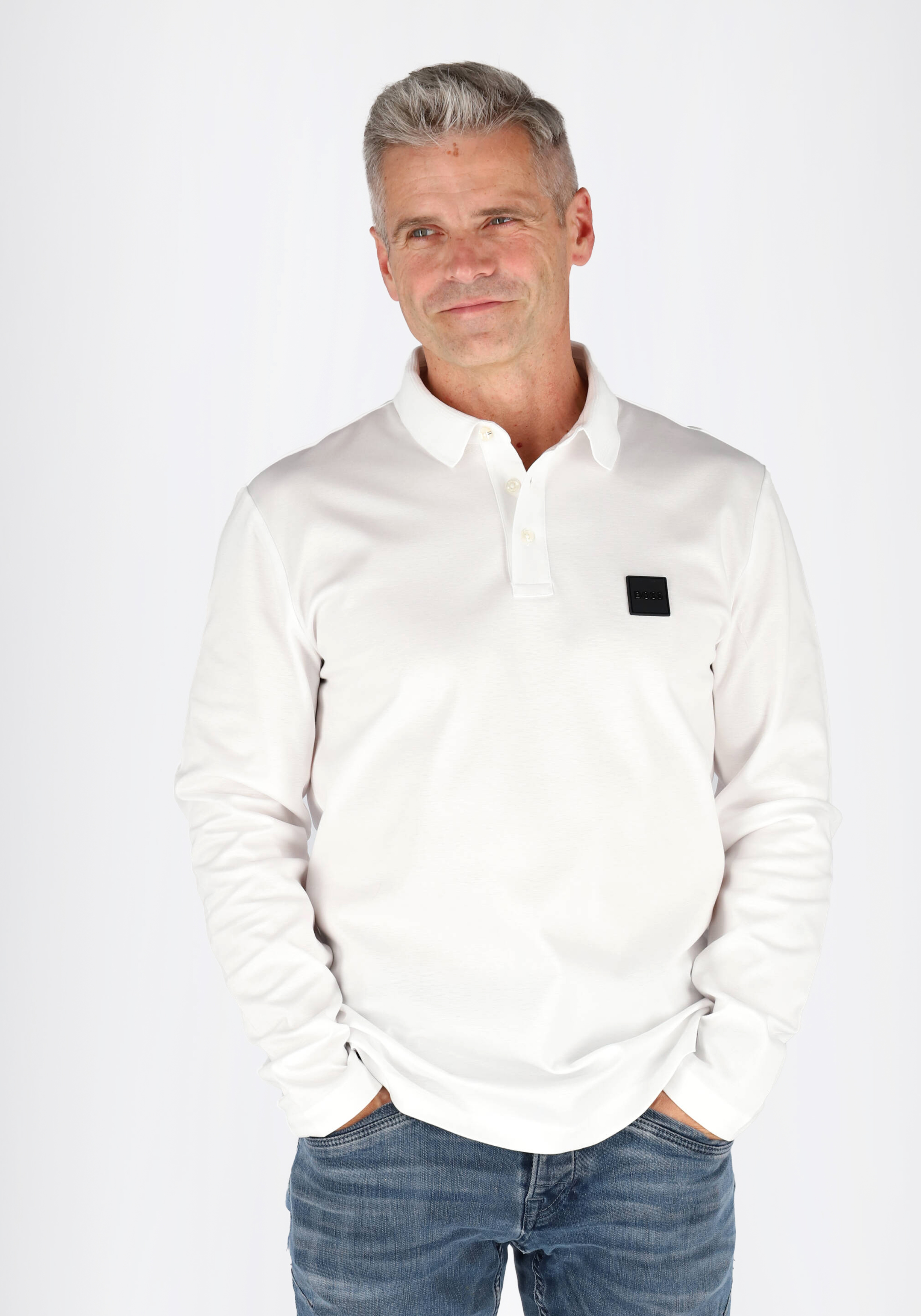 BOSS Pado regular fit polo lange mouw, jersey, wit