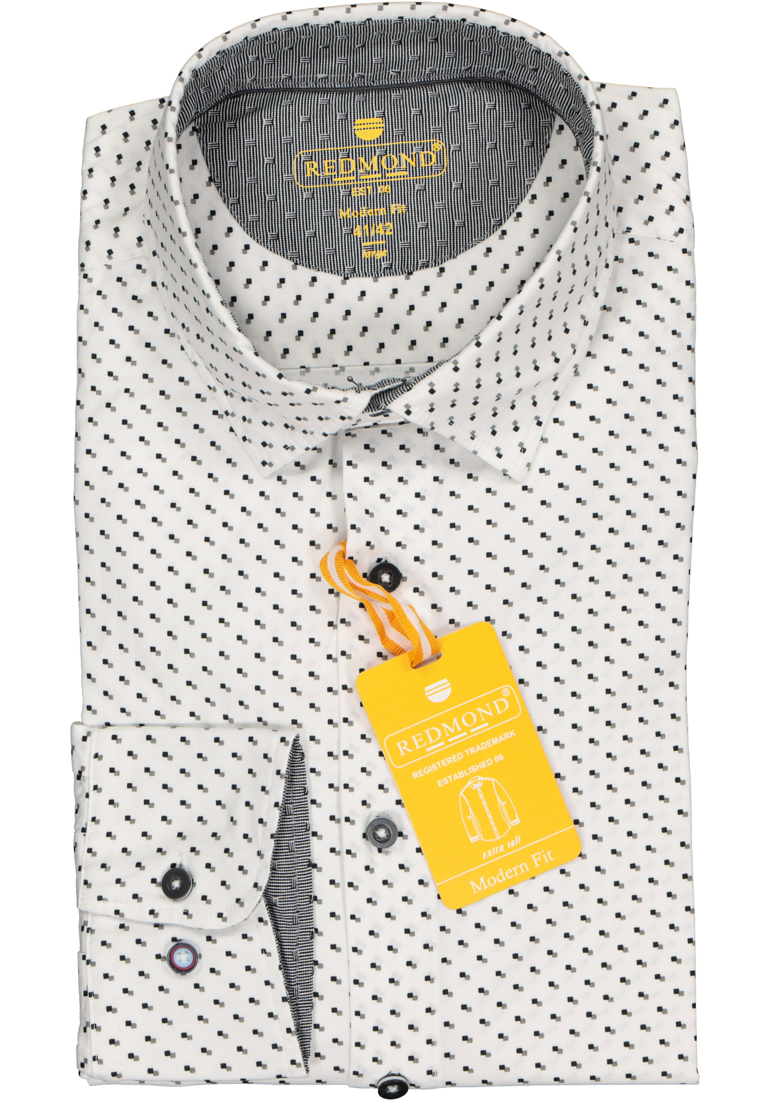 Redmond modern fit overhemd, poplin, wit met zwart en grijs mini dessin (contrast)