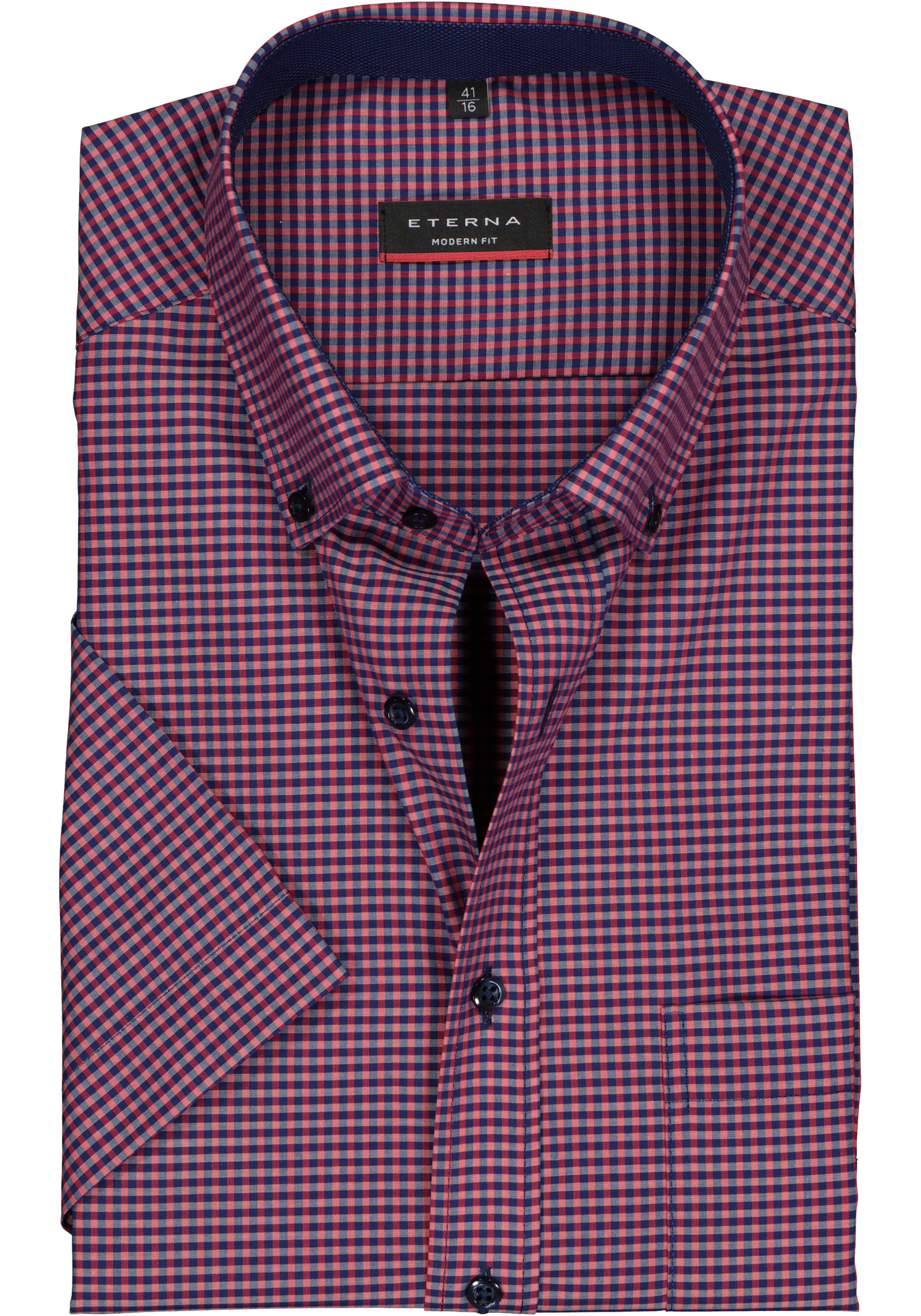 ETERNA modern fit overhemd, poplin met korte mouw, blauw met rood geruit (contrast)
