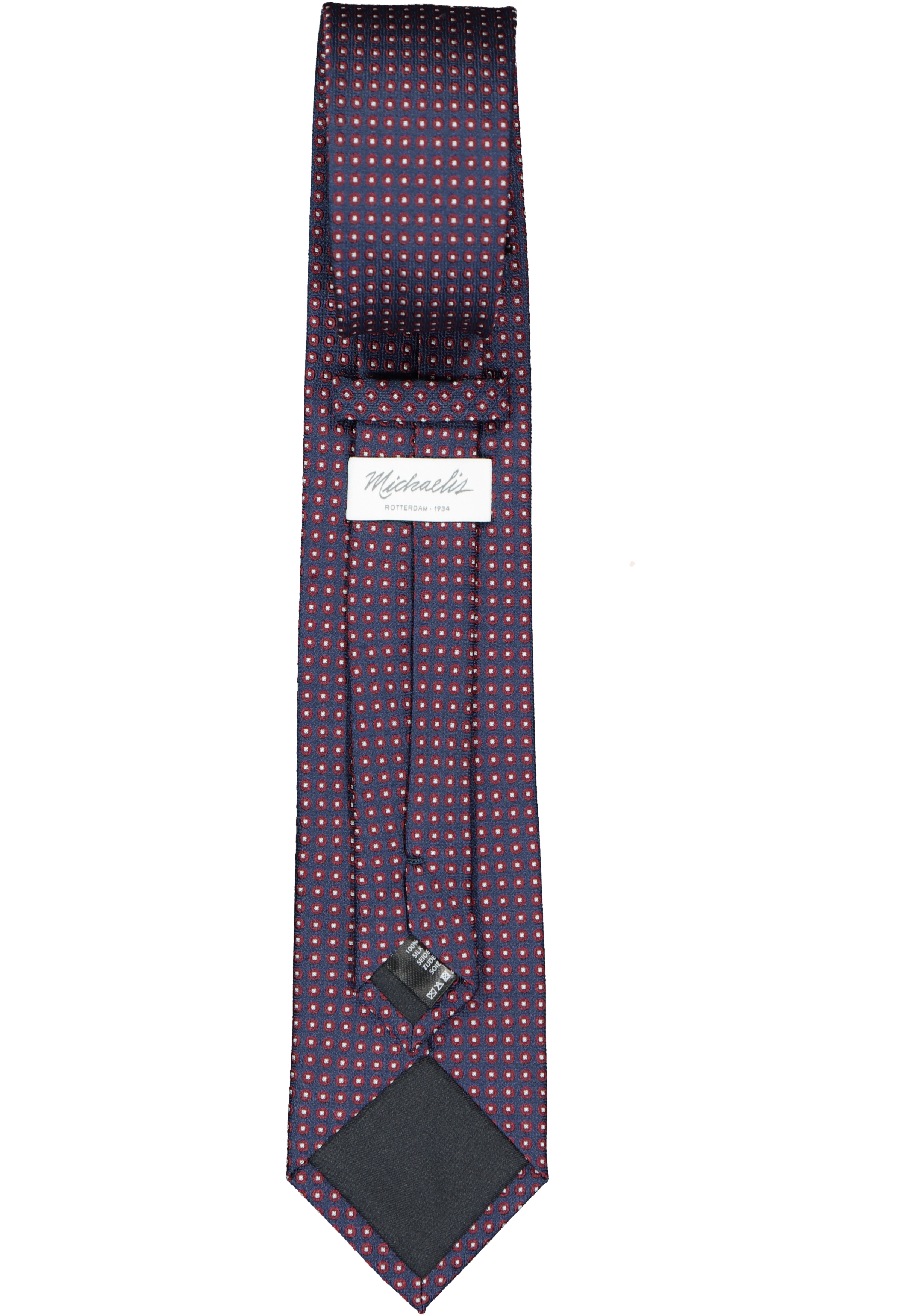 Michaelis  stropdas, zijde, blauw met bordeaux rood en wit dessin