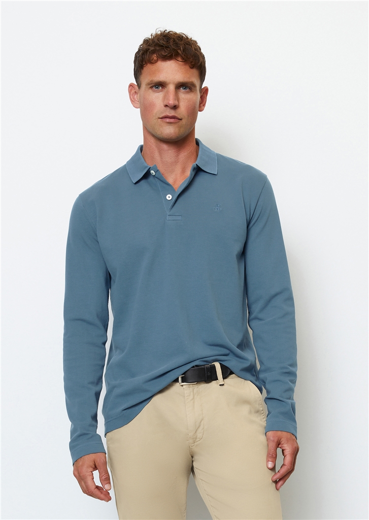 Marc O'Polo regular fit polo lange mouw, heren poloshirt, middenblauw