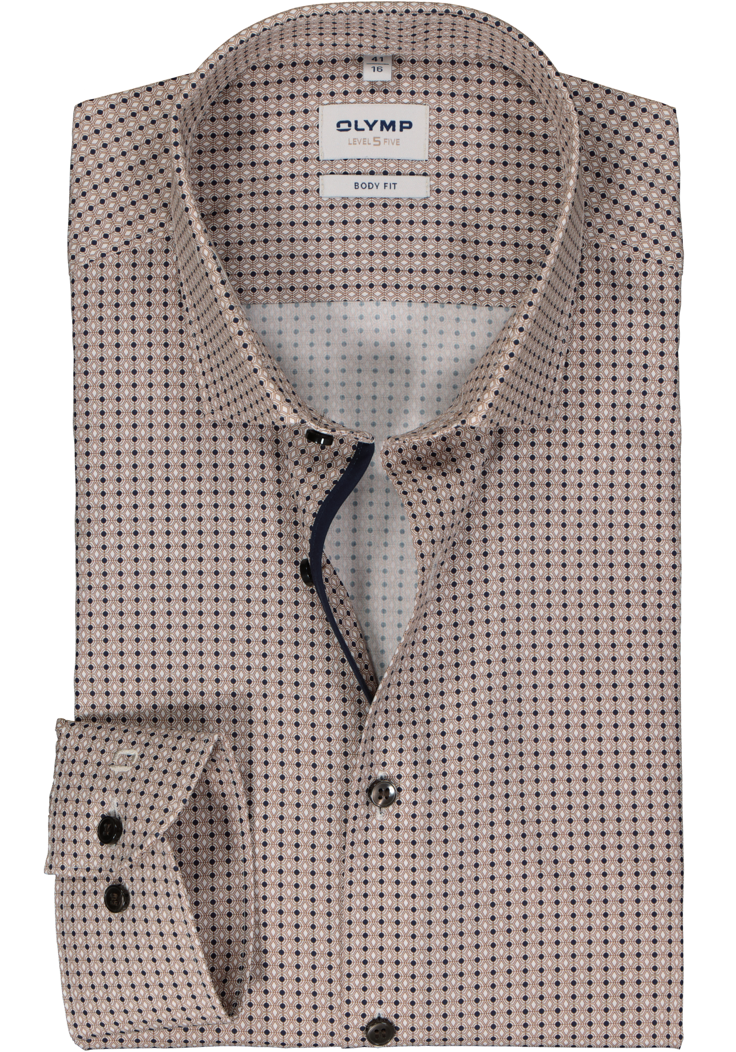 OLYMP Level 5 body fit overhemd, popeline, beige met blauw en wit dessin