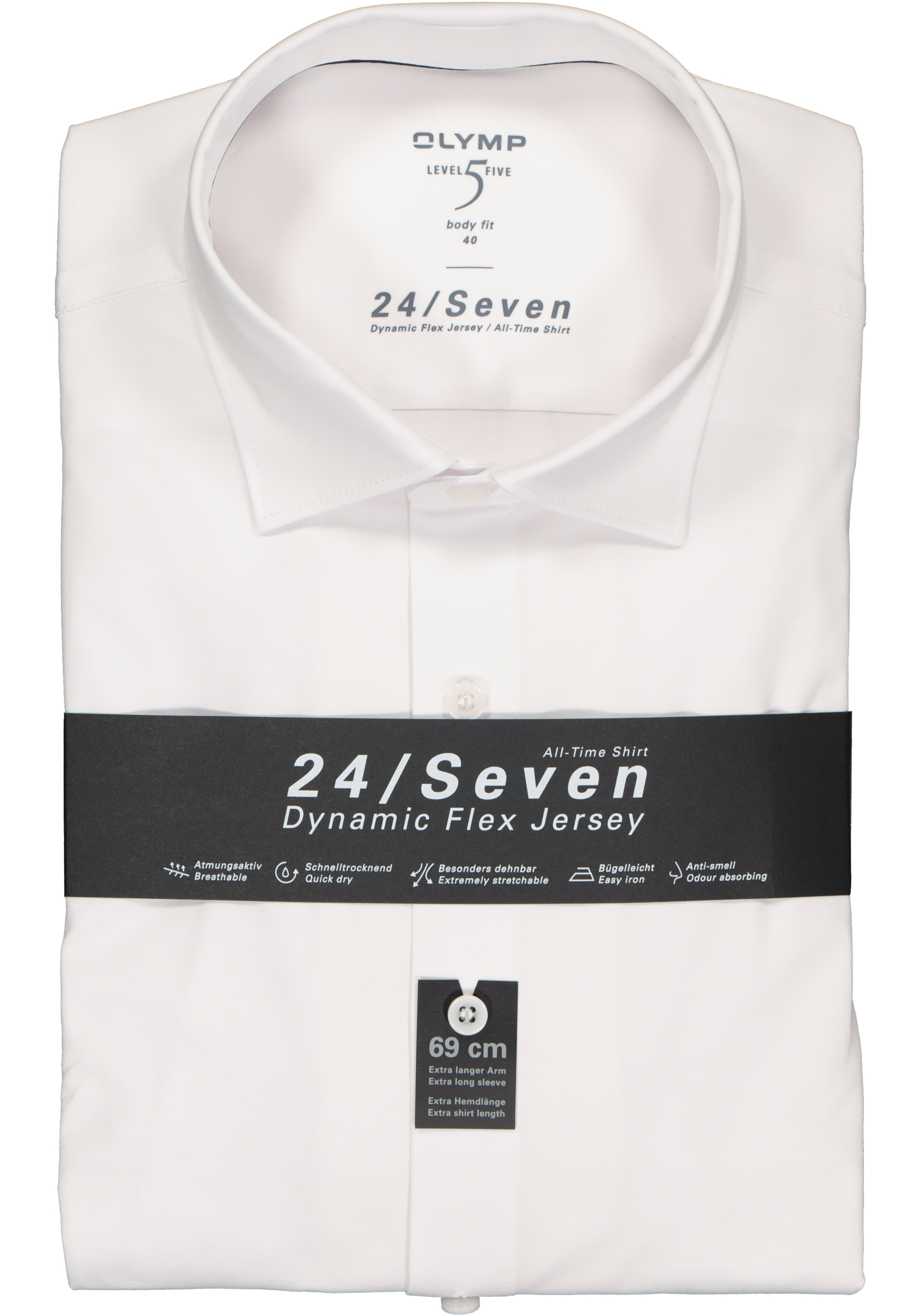 OLYMP Level 5 24/Seven body fit overhemd, mouwlengte 7, wit tricot