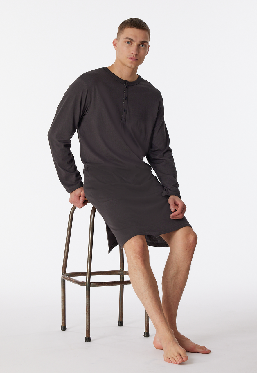 SCHIESSER Comfort Nightwear nachthemd, heren nachthemd met lange mouwen biologisch katoen knoopsluiting gestreept antraciet