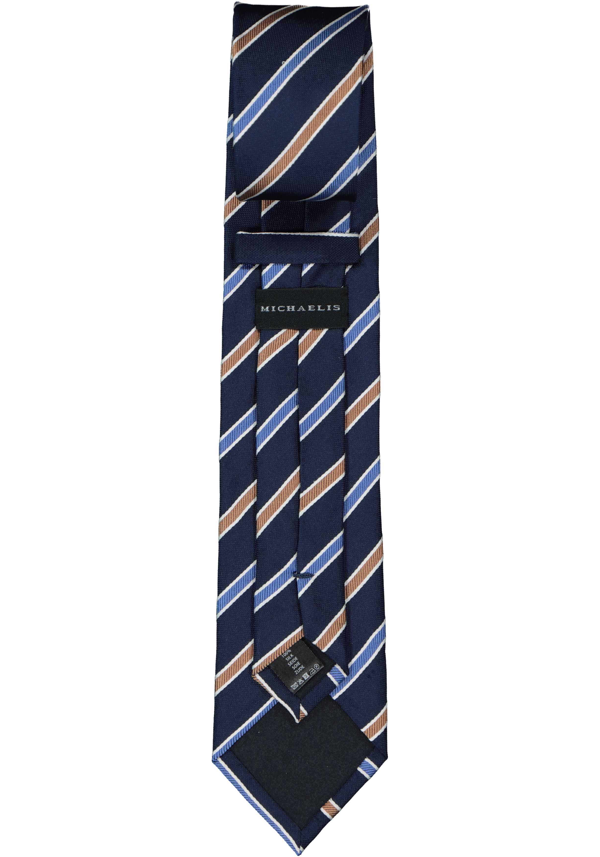 Michaelis  stropdas, zijde, blauw met camel en wit gestreept