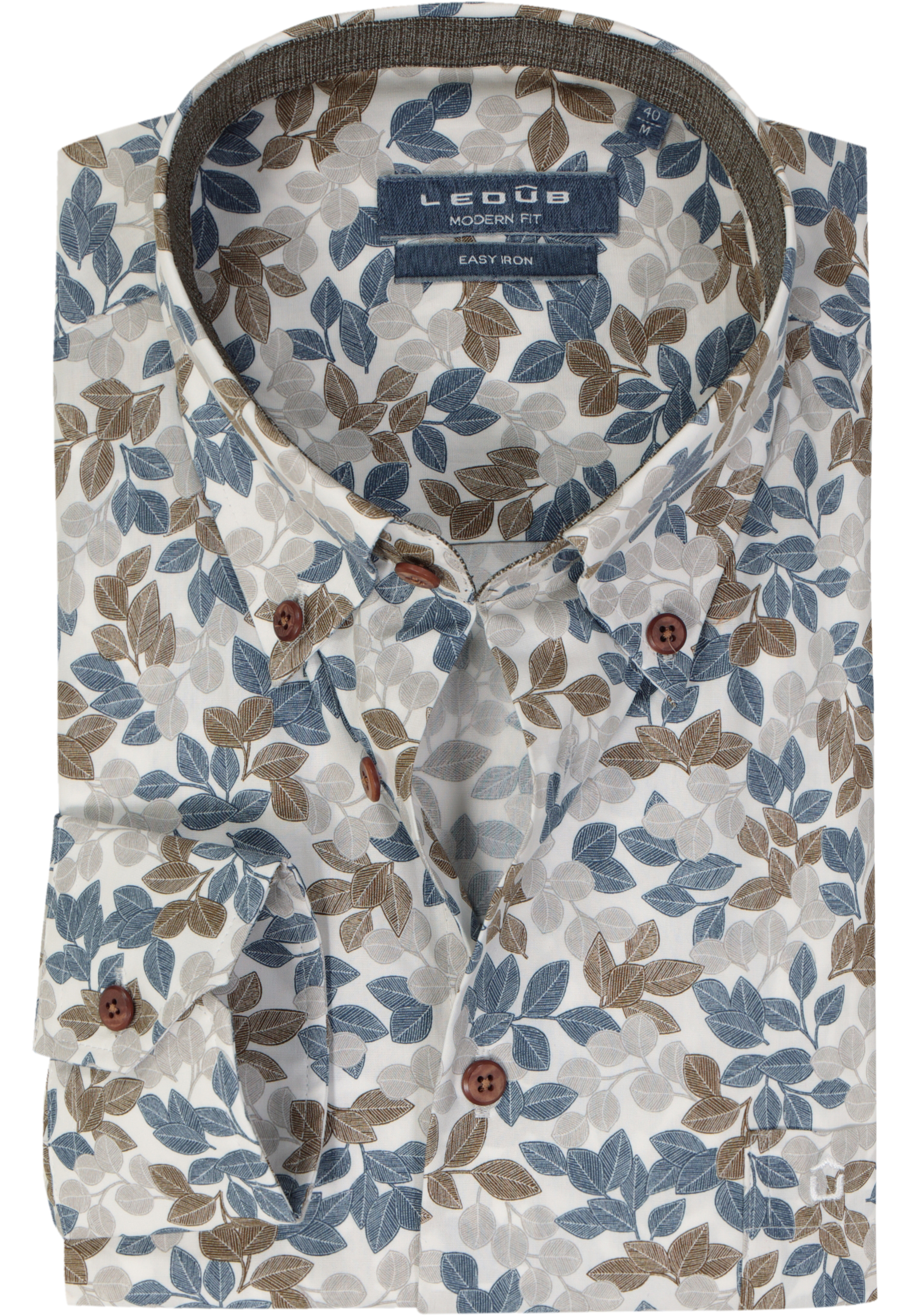 Ledub modern fit overhemd, wit met blauw en bruin dessin