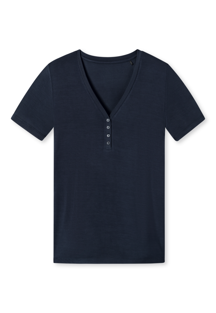 SCHIESSER Mix+Relax T-shirt, dames shirt korte mouw henley knoopsluiting blauw