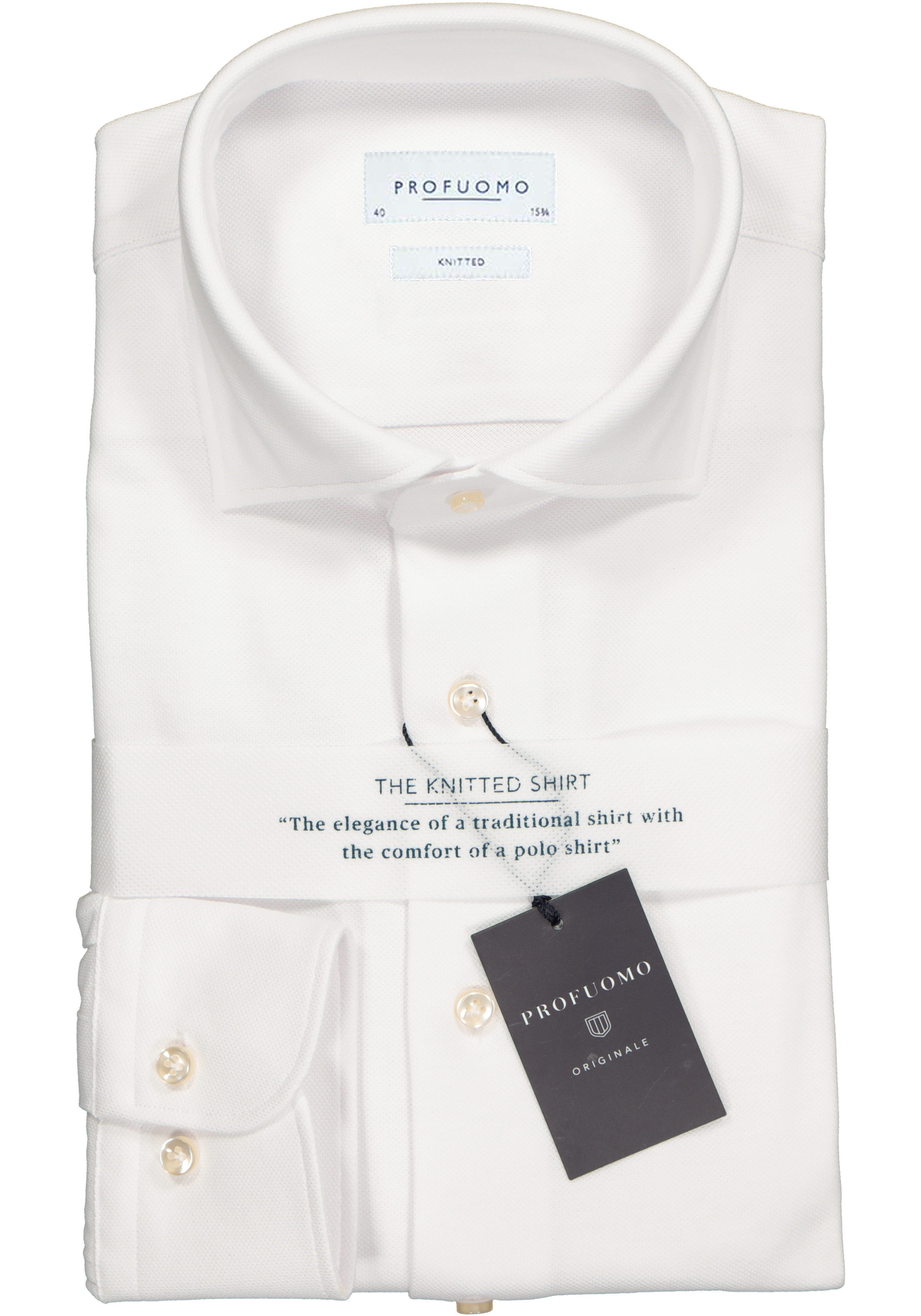 Profuomo slim fit jersey overhemd, knitted shirt pique, wit 