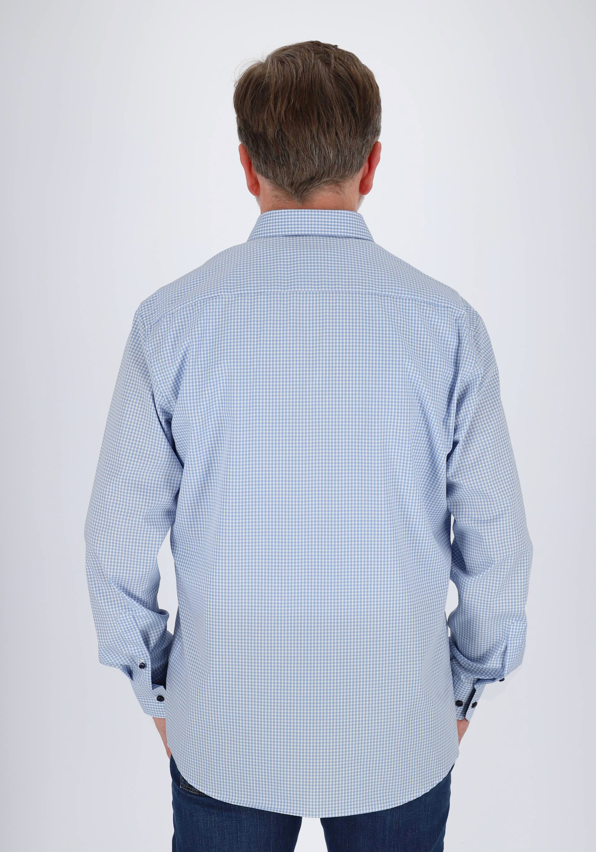 ETERNA modern fit overhemd, popeline, lichtblauw met wit geruit (contrast)