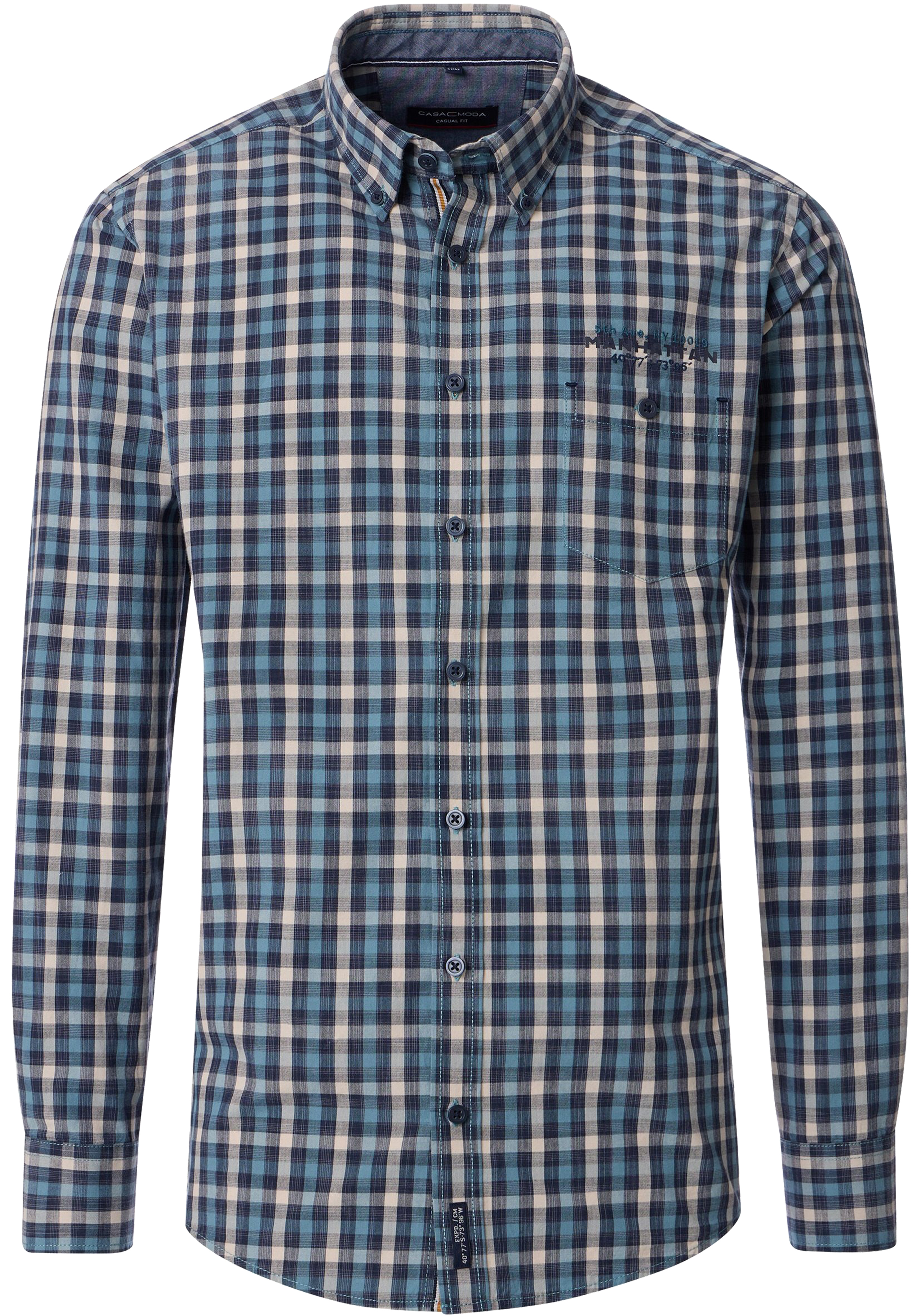 CASA MODA Sport casual fit overhemd, popeline, blauw met petrol en beige geruit