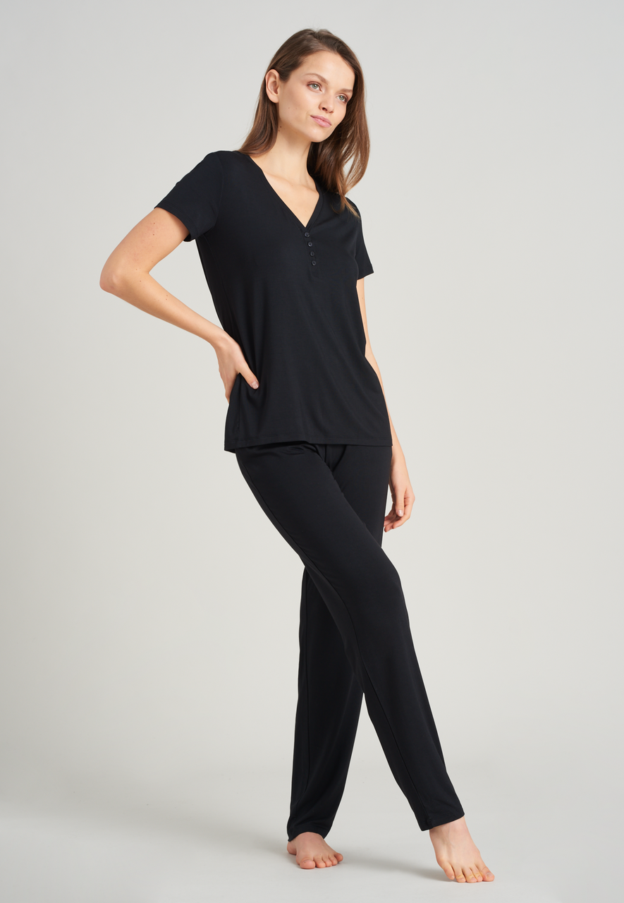 SCHIESSER Mix+Relax T-shirt, dames shirt korte mouw henley knoopsluiting zwart