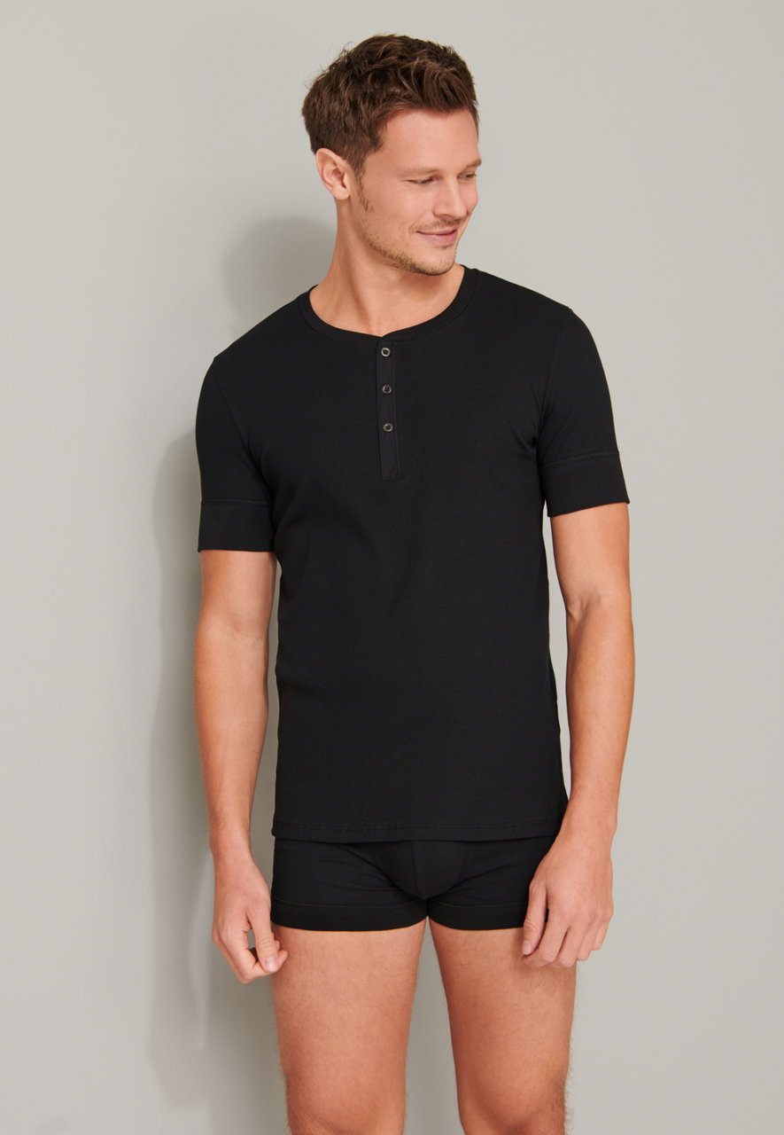 SCHIESSER Retro Rib T-shirt (1-pack), heren shirt korte mouwen dubbelrib biologisch katoen knoopsluiting zwart