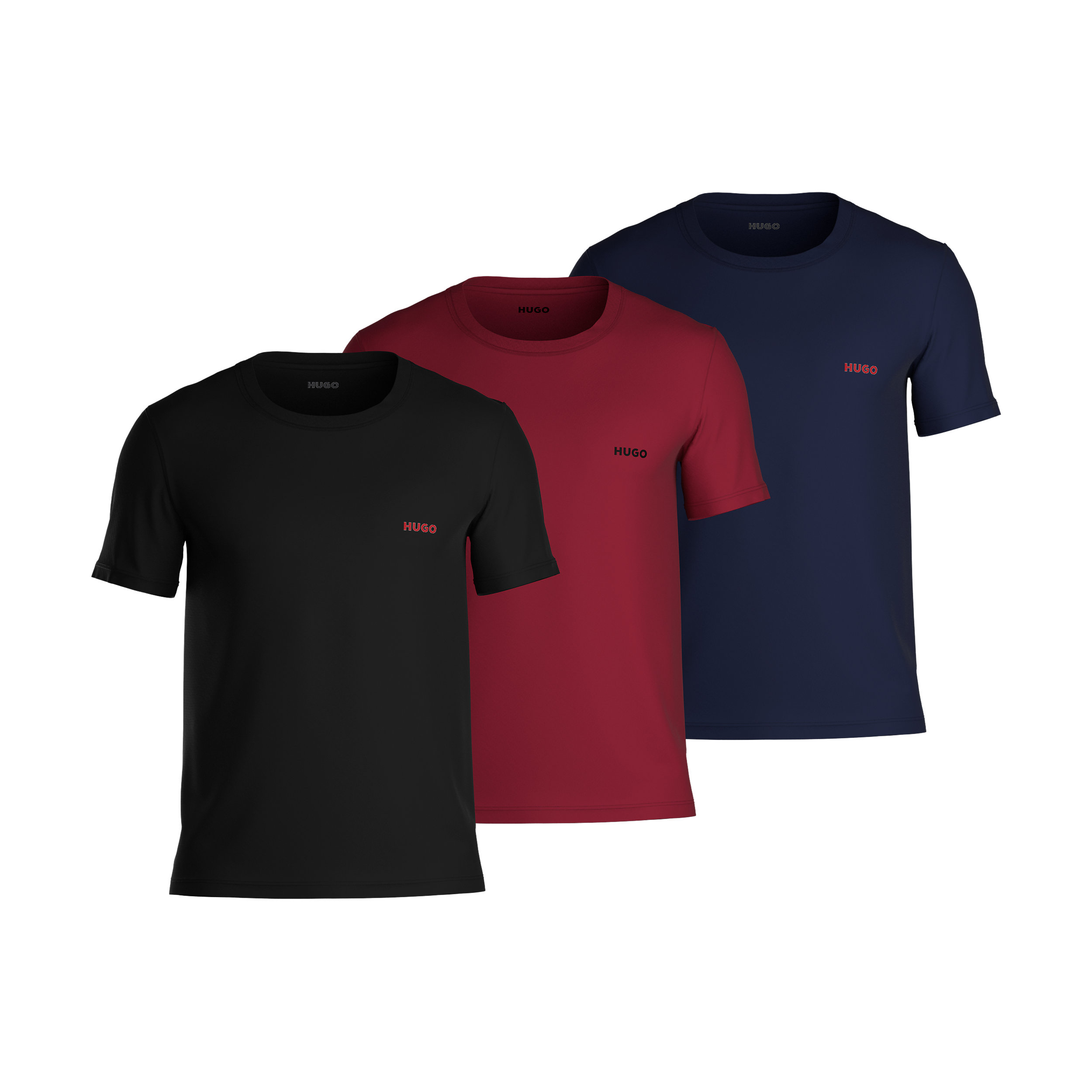 HUGO T-shirts regular fit (3-pack), heren T-shirts O-hals, navy blauw, bordeaux en zwart