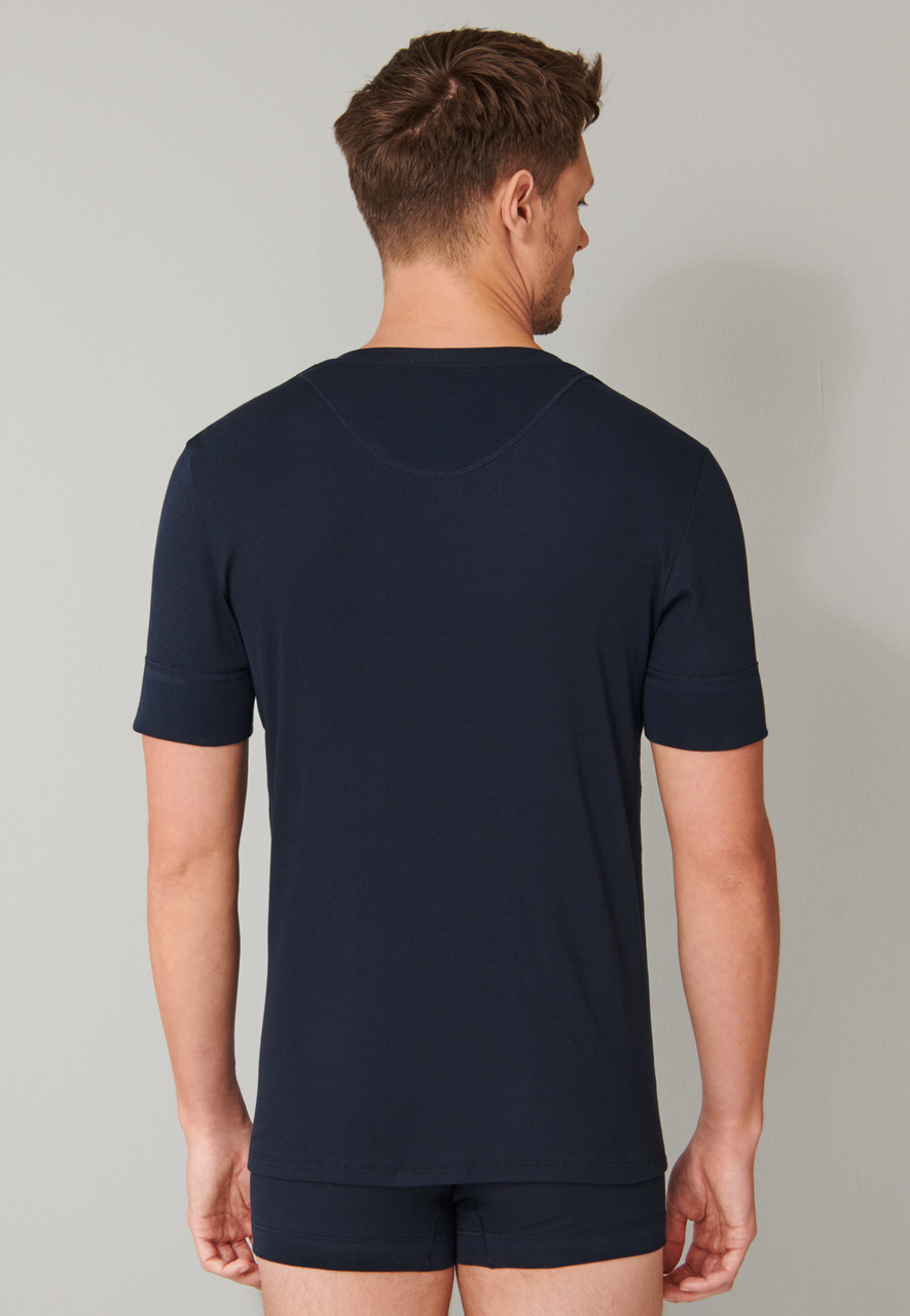 SCHIESSER Retro Rib T-shirt (1-pack), heren shirt korte mouwen dubbelrib biologisch katoen knoopsluiting donkerblauw