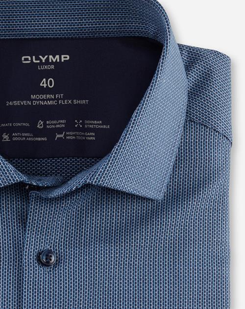 OLYMP Luxor 24/7 modern fit overhemd, korte mouw, popeline, marineblauw dessin