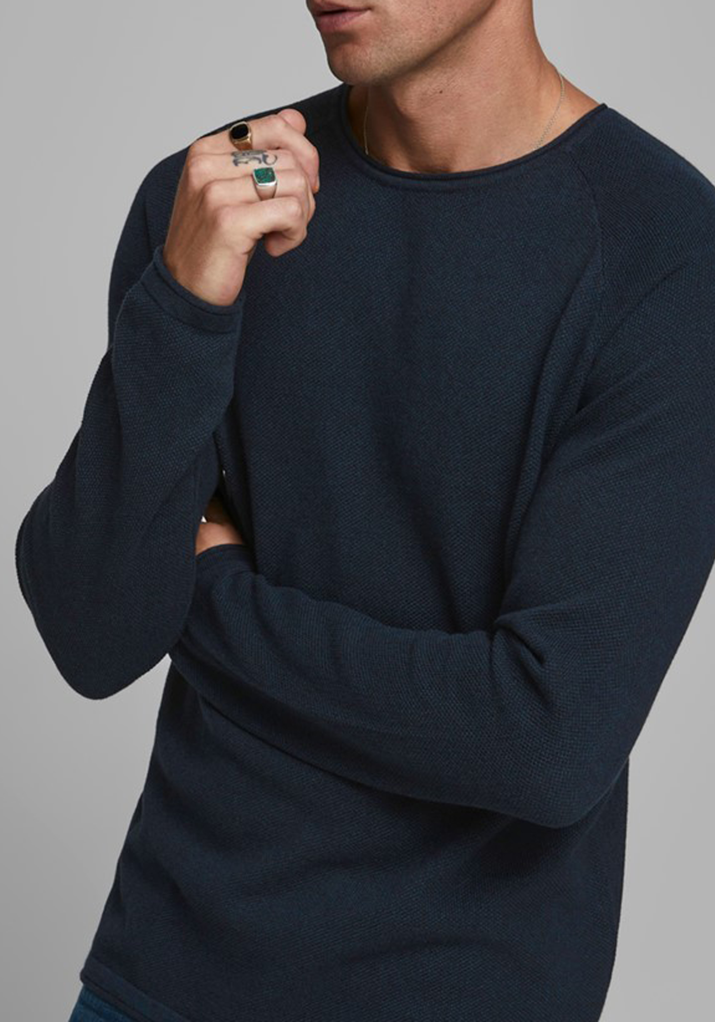 JACK & JONES slim fit trui katoen, O-hals, donkerblauw